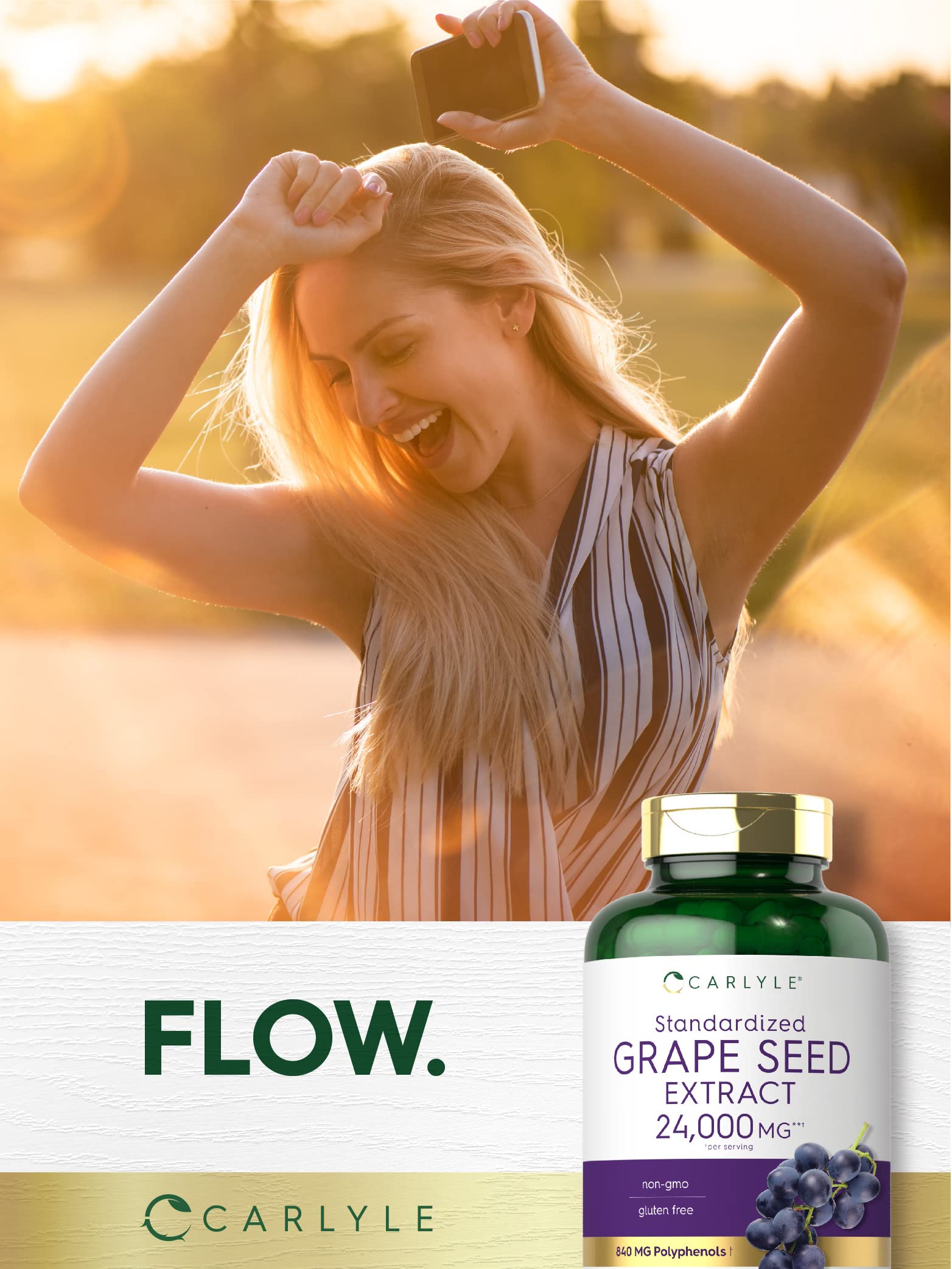 Carlyle Grape Seed Extract ingredient list with certification seal.