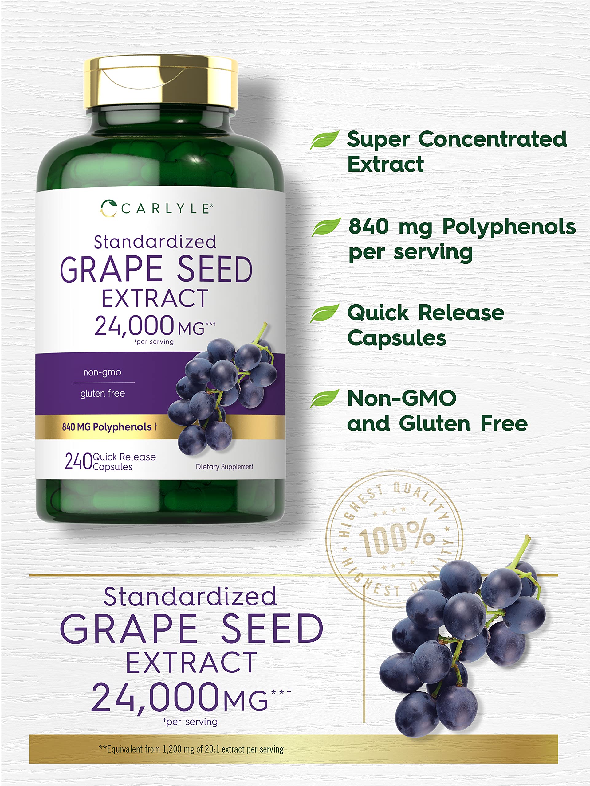 Carlyle Grape Seed Extract label shows 24,000 mg equivalent potency.