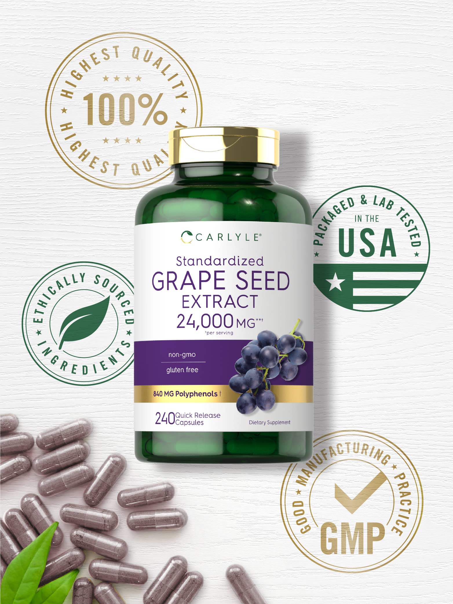 Carlyle Grape Seed Extract packaging emphasizes non-GMO and gluten-free.