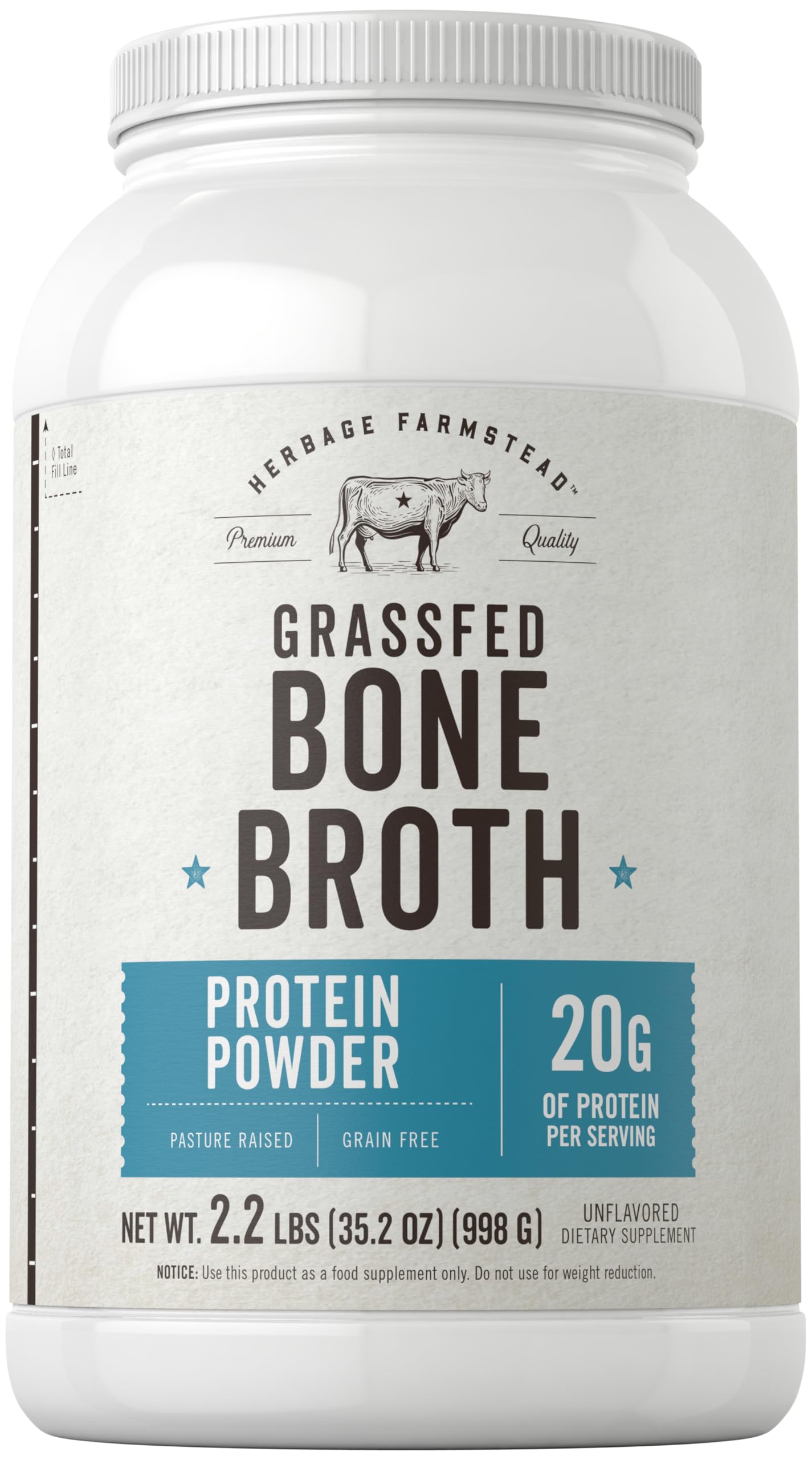 Carlyle grass-fed bone broth powder jar shows high protein formula.