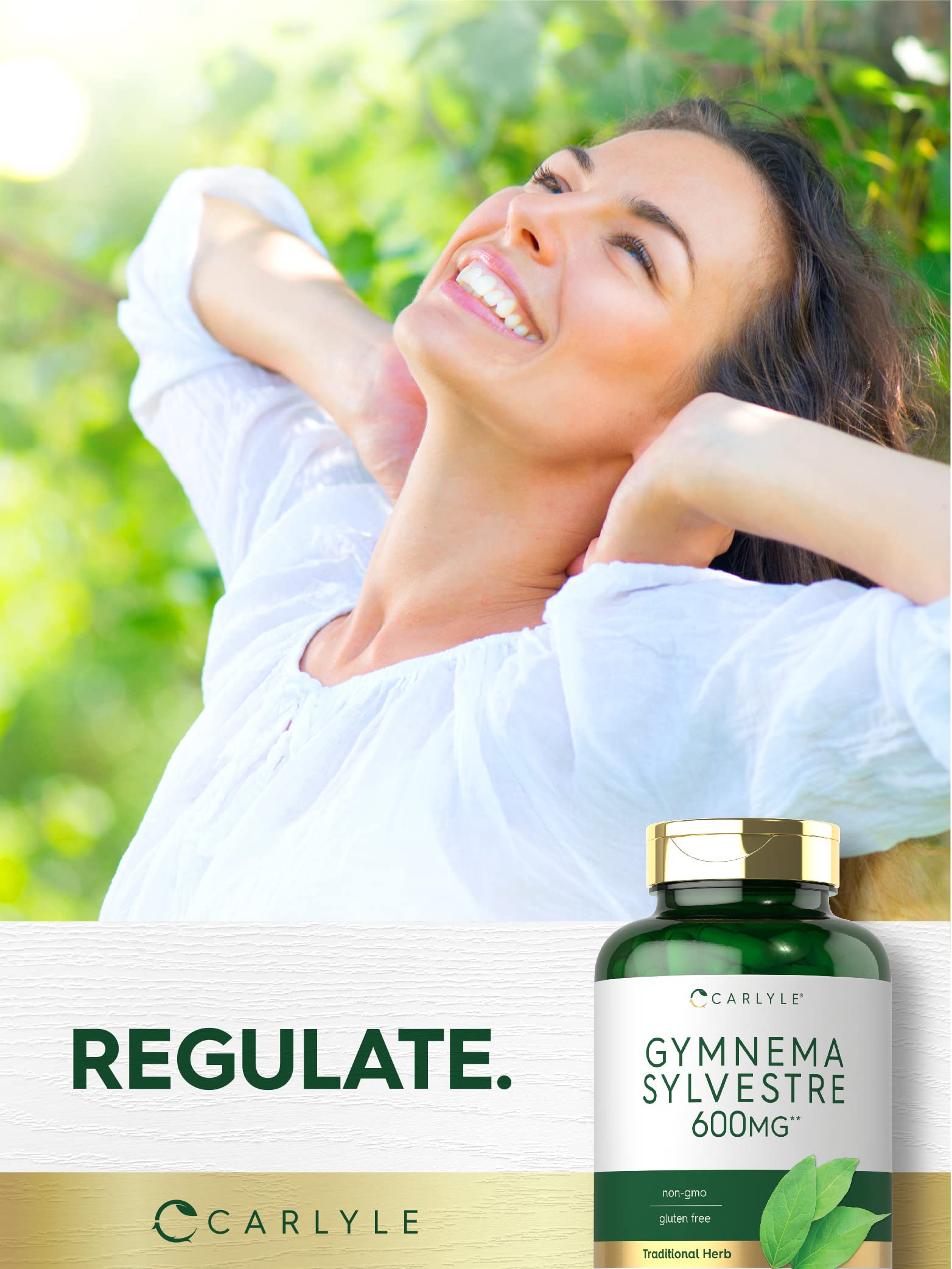 Carlyle Gymnema Sylvestre gluten-free and non-GMO symbols on packaging.