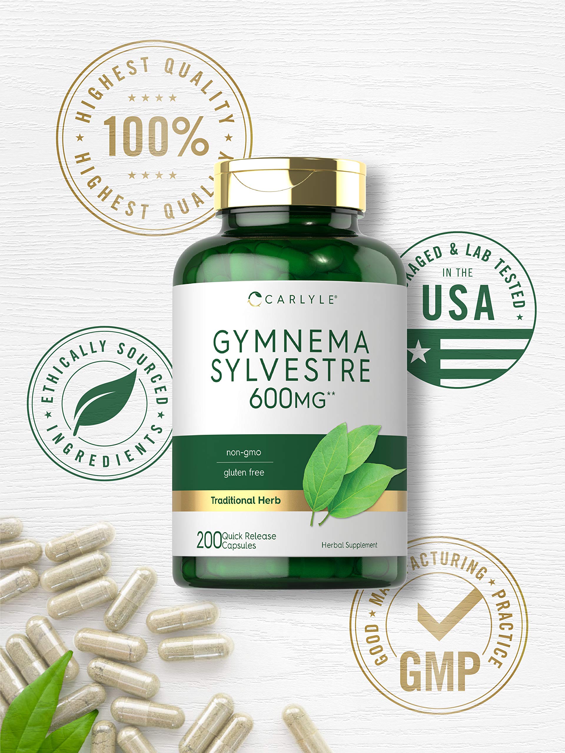 Carlyle Gymnema Sylvestre ingredients panel highlighting clean, non-GMO formula.