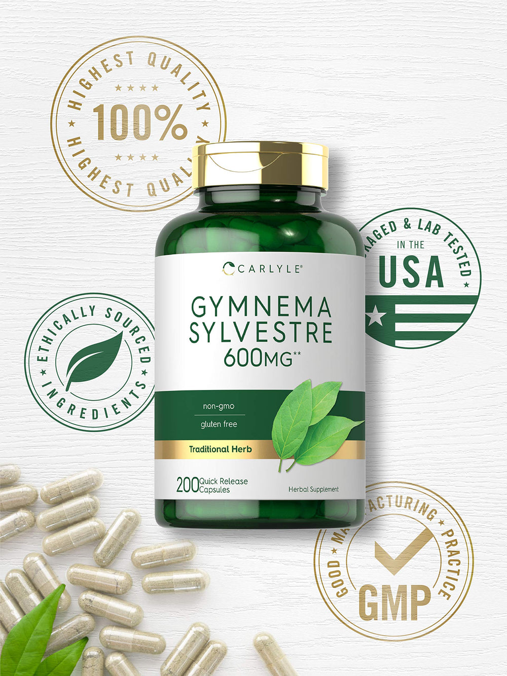 Carlyle Gymnema Sylvestre ingredients panel highlighting clean, non-GMO formula.