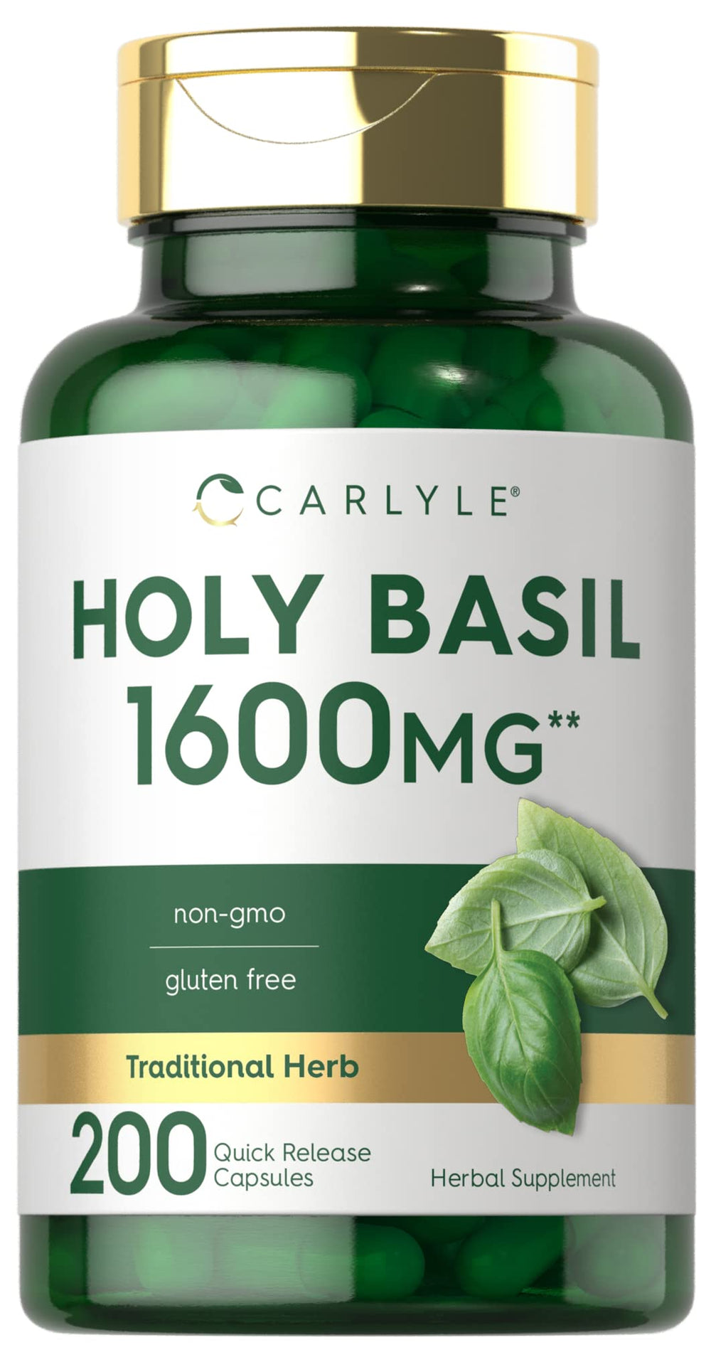 Carlyle Holy Basil capsules bottle highlights 1600 mg potency for daily support
