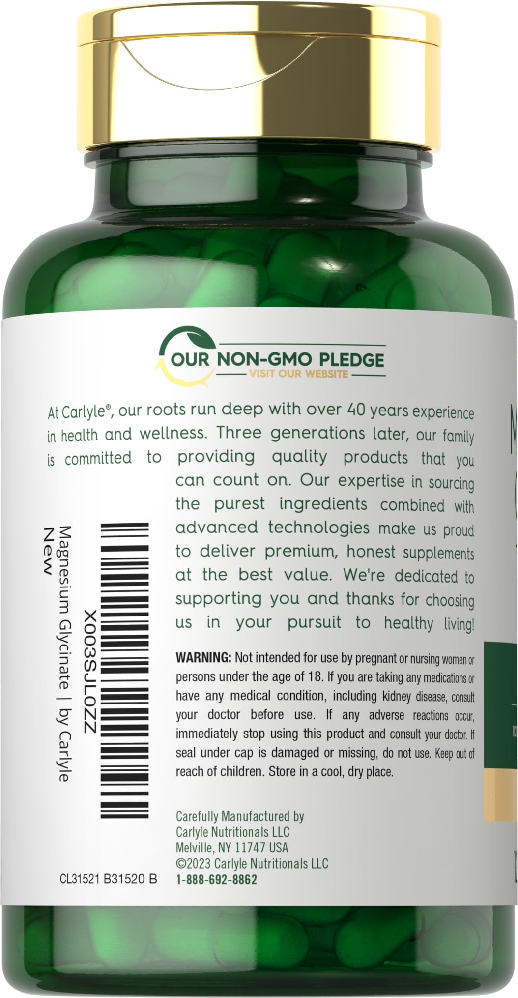 Carlyle ingredient panel highlights chelated magnesium and Ashwagandha.