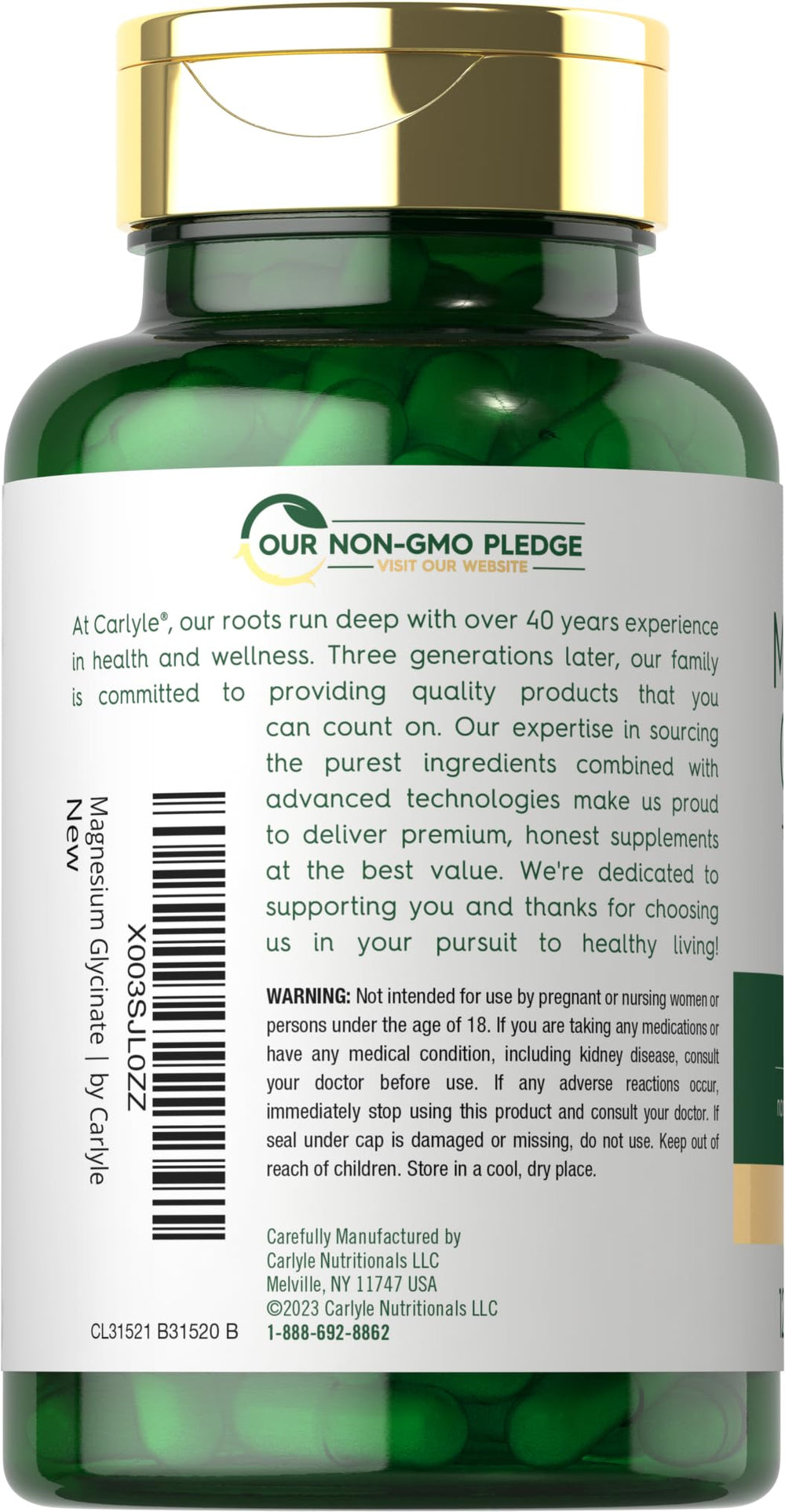 Carlyle ingredient panel highlights chelated magnesium and Ashwagandha.