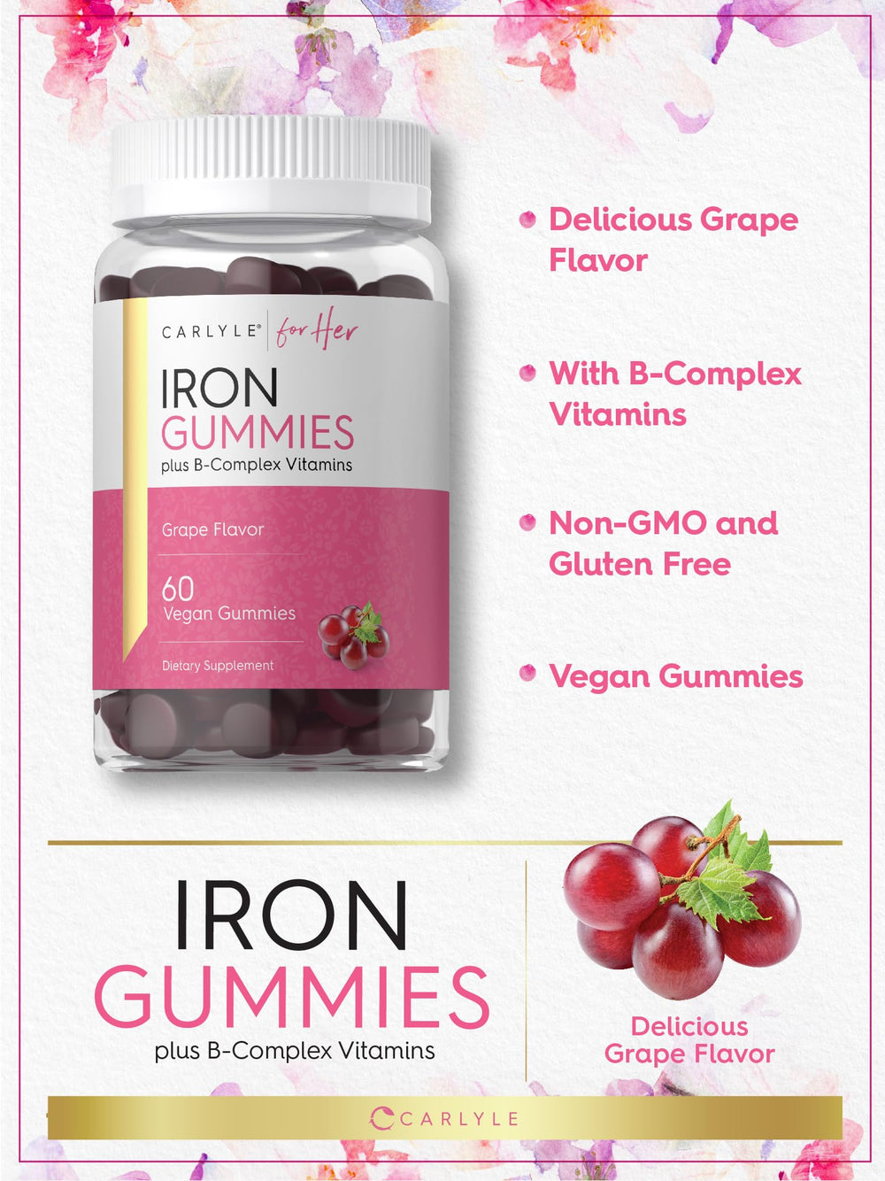 Carlyle Vegan formula label on Carlyle Iron Gummies.