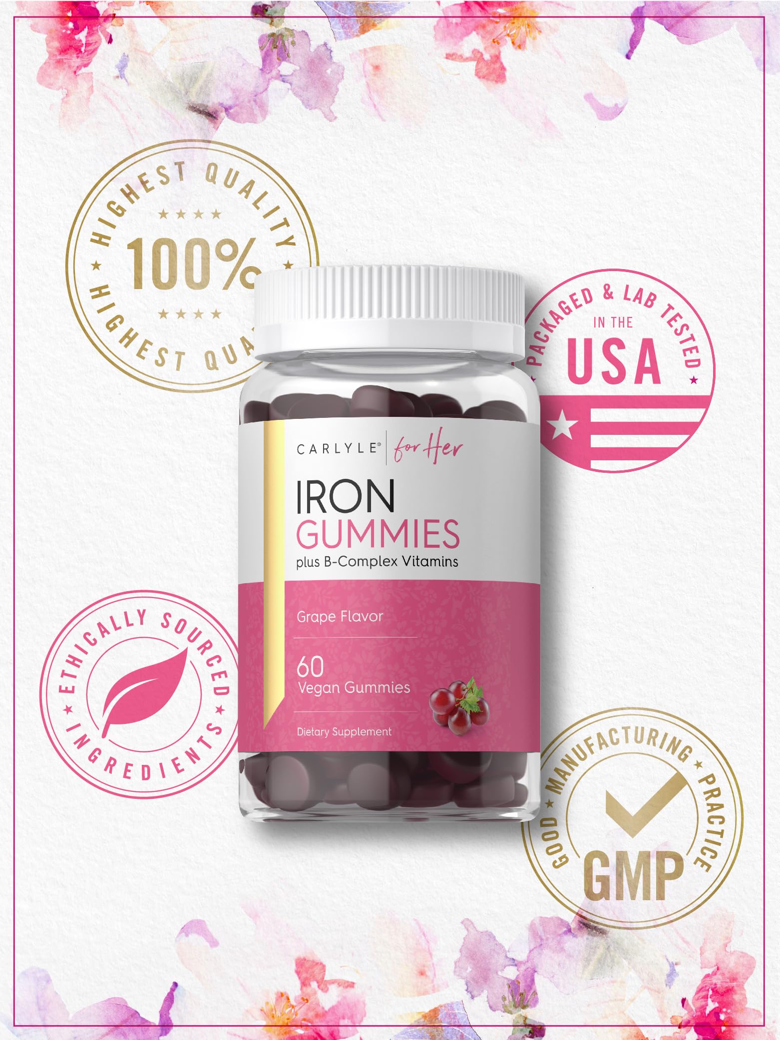 Carlyle Iron Gummies bottle held in hand.