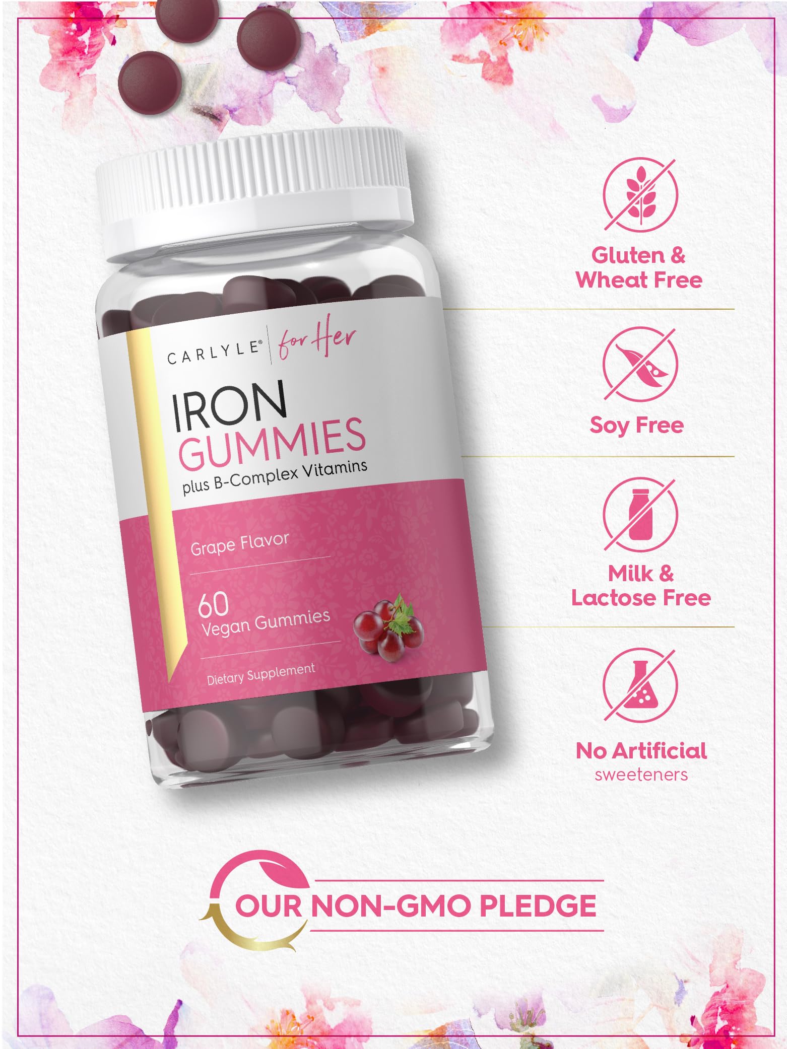Carlyle Iron Gummies bottle packaging highlights gluten-free claim.