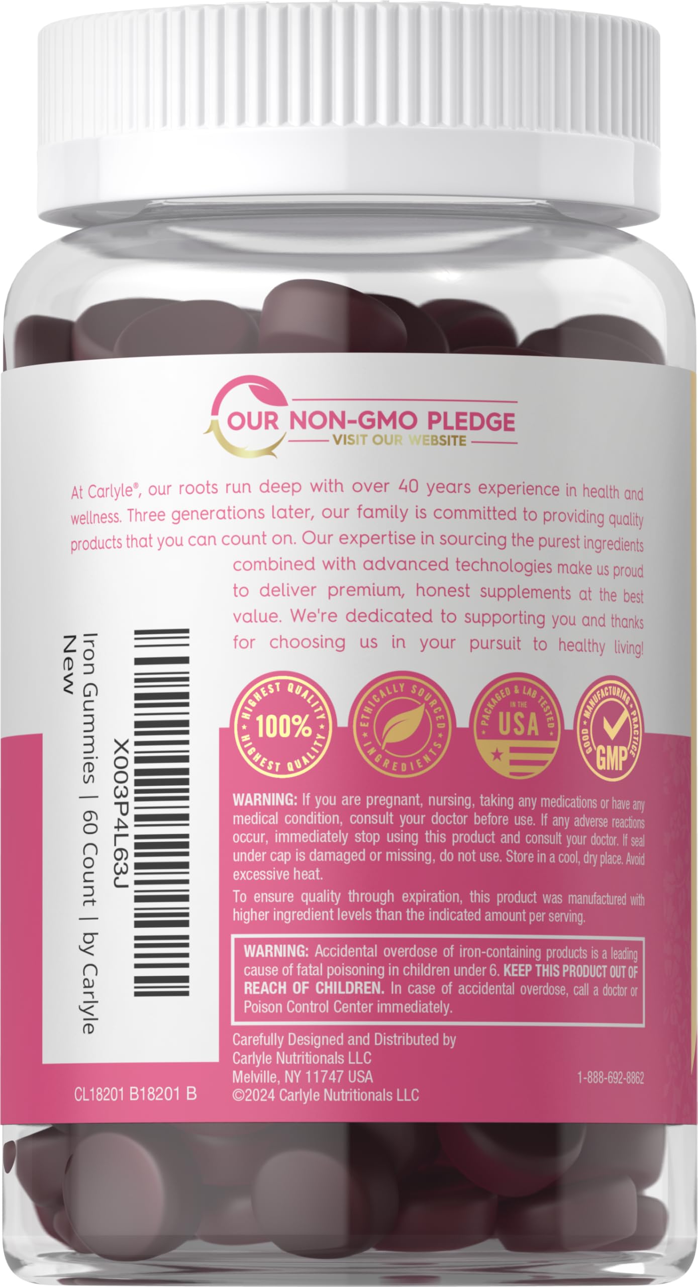 Carlyle Iron Gummies for Women bottle pouring gummies.