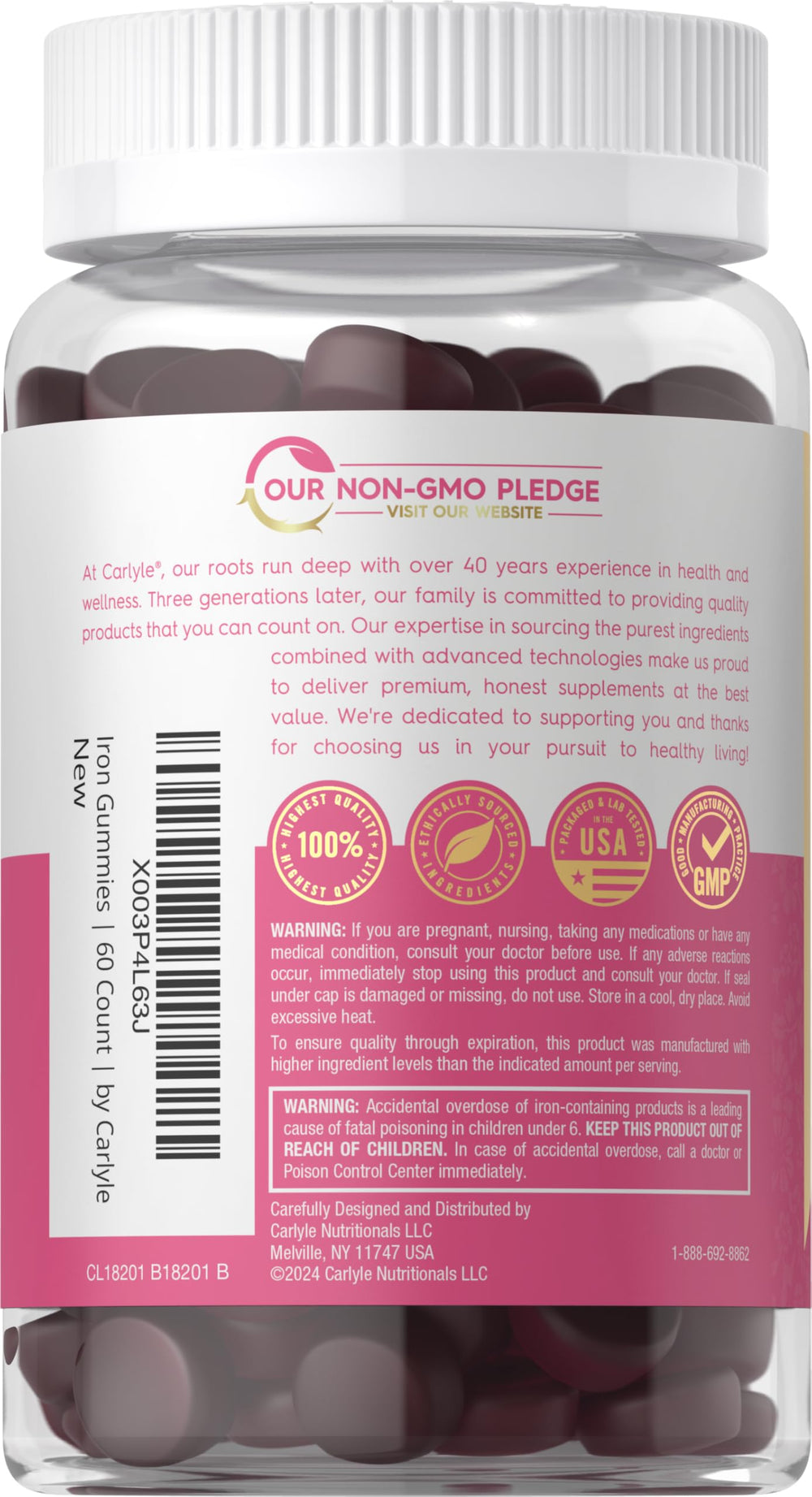 Carlyle Iron Gummies for Women bottle pouring gummies.