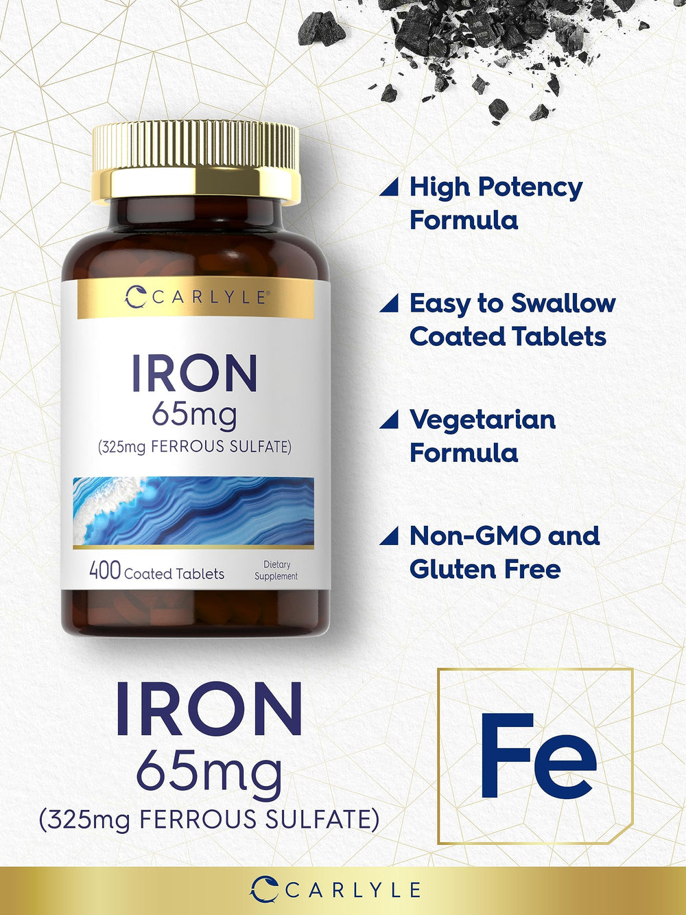 Carlyle Iron label shows gluten-free and non-GMO.