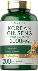 Carlyle Korean Ginseng capsules bottle with standardized 2000mg extract for daily vitality.
