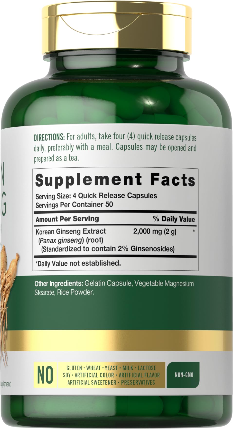 Carlyle Korean Ginseng extract package emphasizes non-GMO gluten-free formulation.