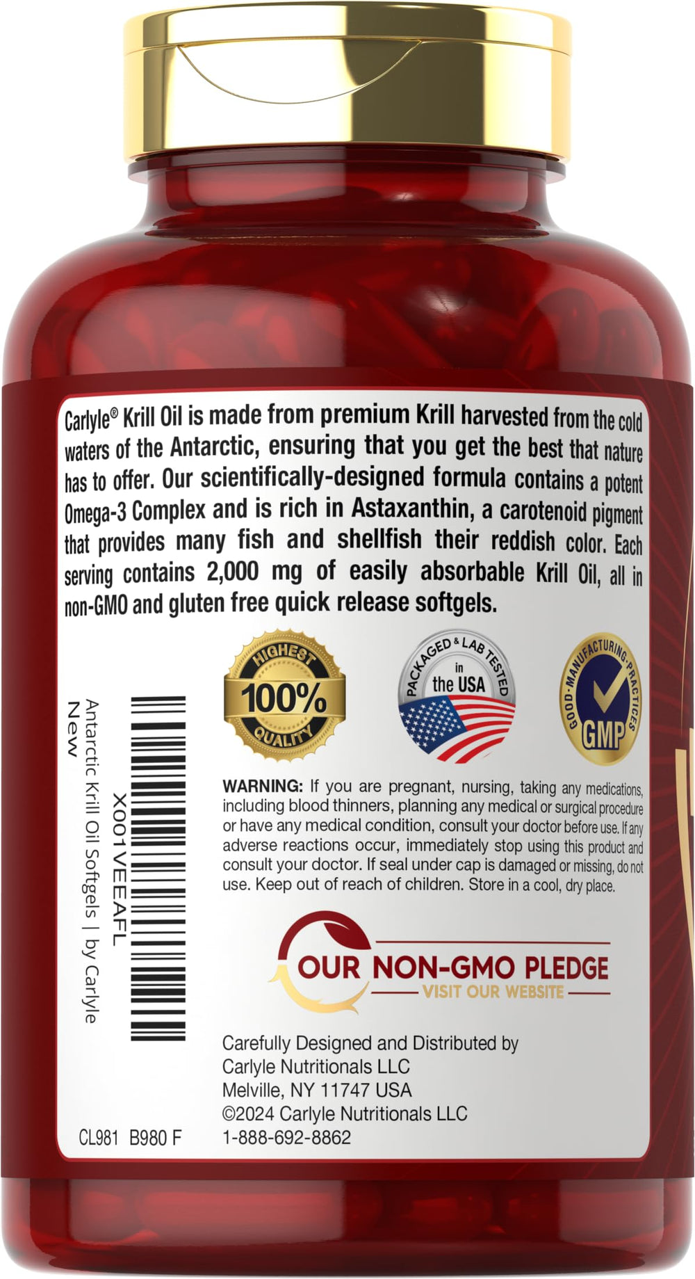 Carlyle Krill Oil with astaxanthin ingredient emphasizing natural antioxidant content.
