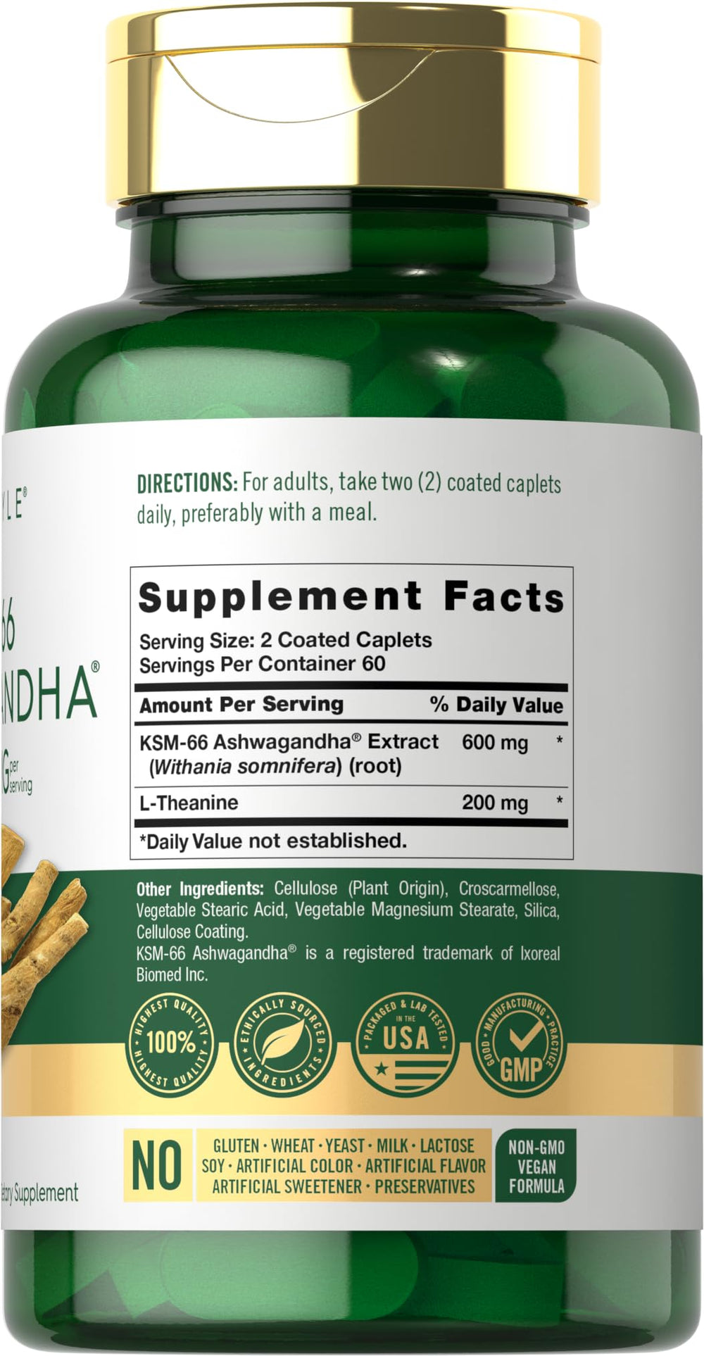 Carlyle KSM-66 Ashwagandha capsules pouring from bottle.