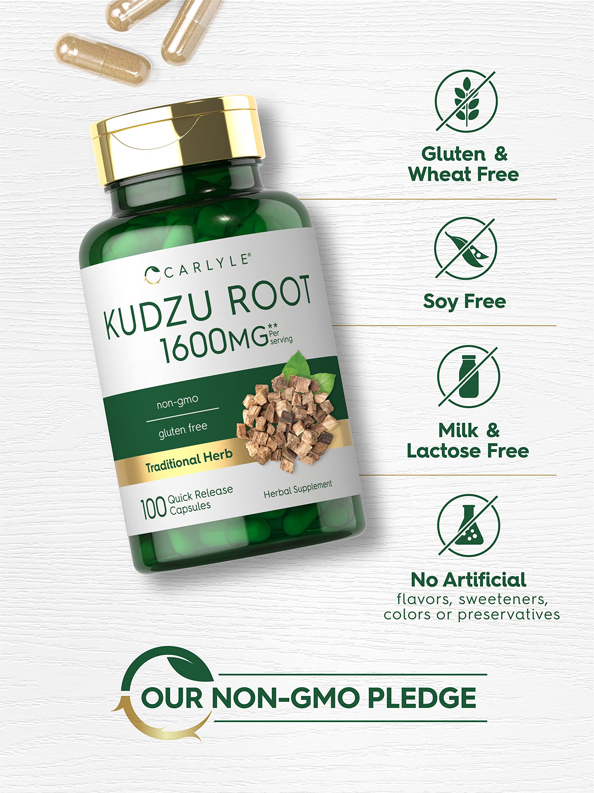 Carlyle Kudzu Root bottle front emphasizing premium wellness branding.