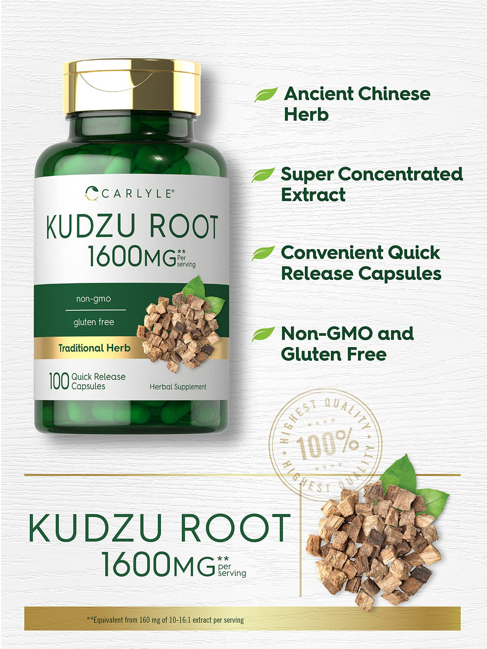 Carlyle Kudzu Root label detail demonstrates non-GMO and gluten-free attributes.