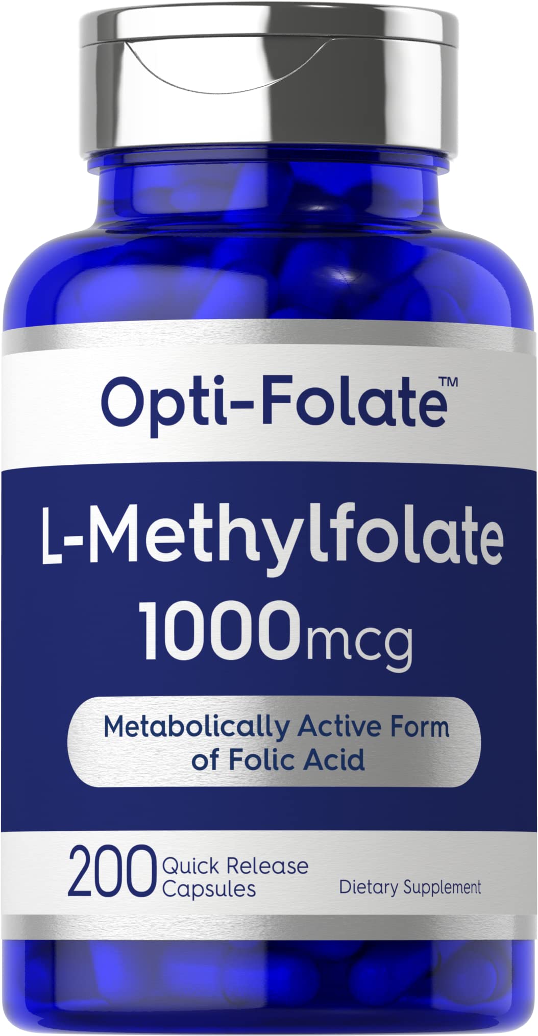 Carlyle L-Methylfolate 1000mcg bottle closeup emphasizes value-size packaging