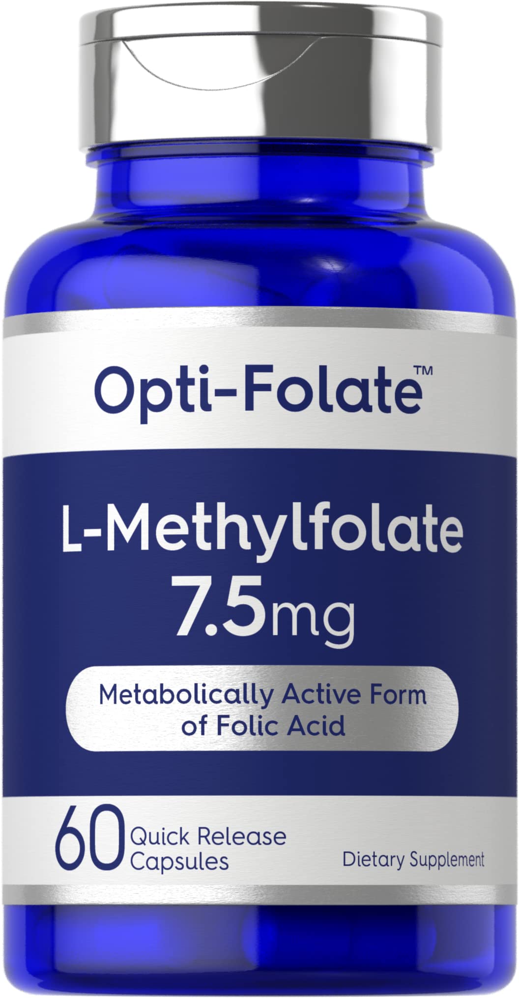 Carlyle L-Methylfolate bottle showing 7.5 mg capsules for daily use.