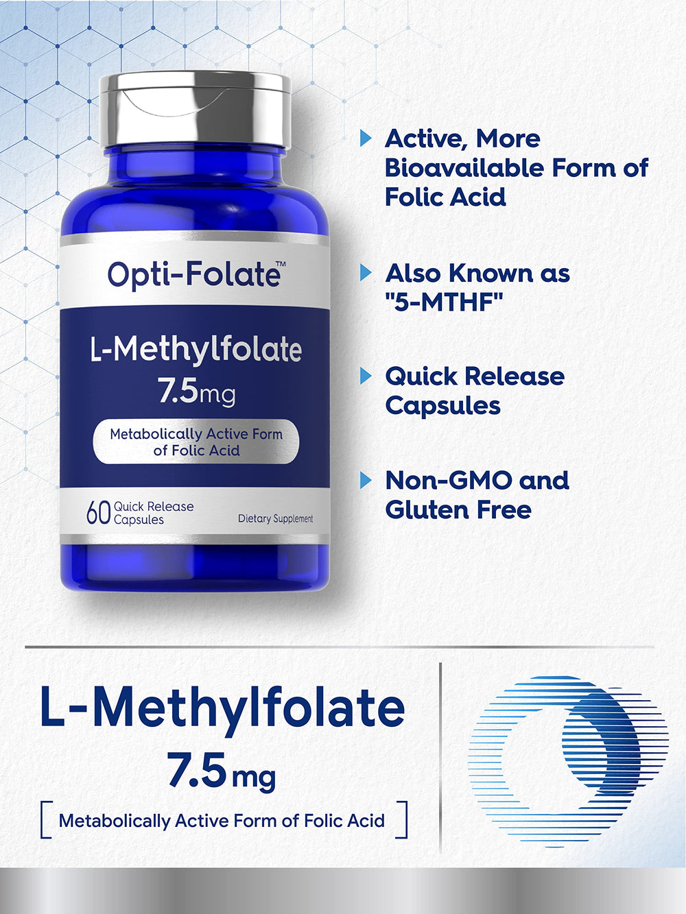 Carlyle L-Methylfolate label detail shows 7.5 mg per capsule