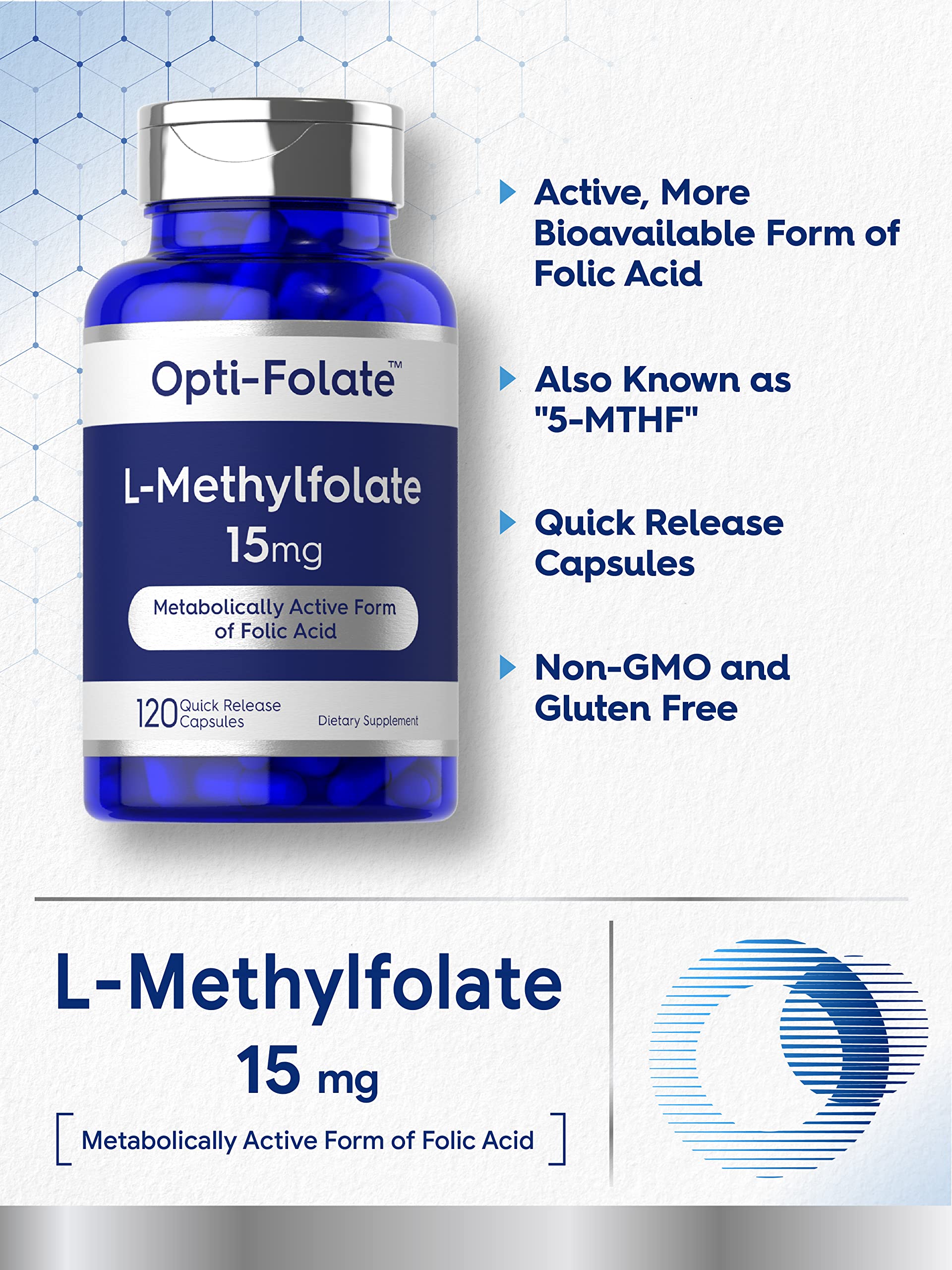 Label shows 15 mg L-Methylfolate per capsule
