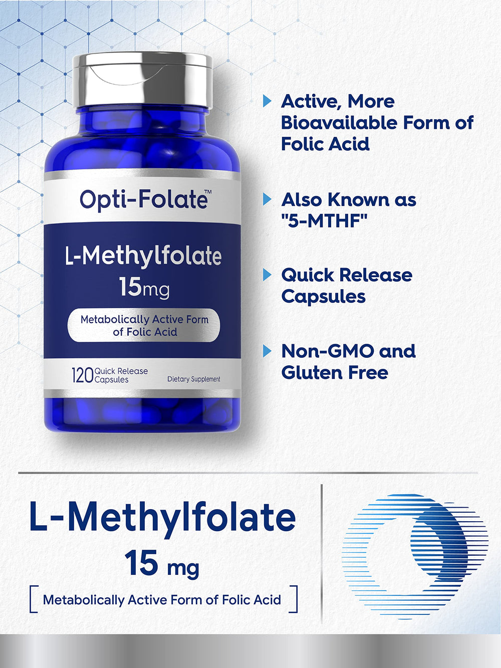 Label shows 15 mg L-Methylfolate per capsule
