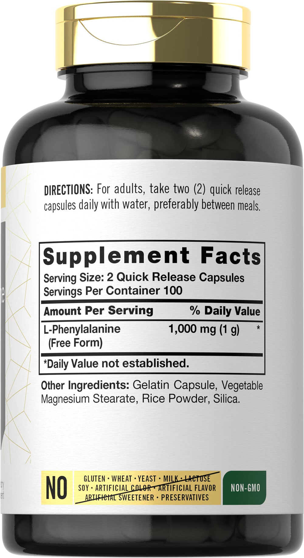 Close-up of Carlyle L-Phenylalanine capsules showing free-form amino acids