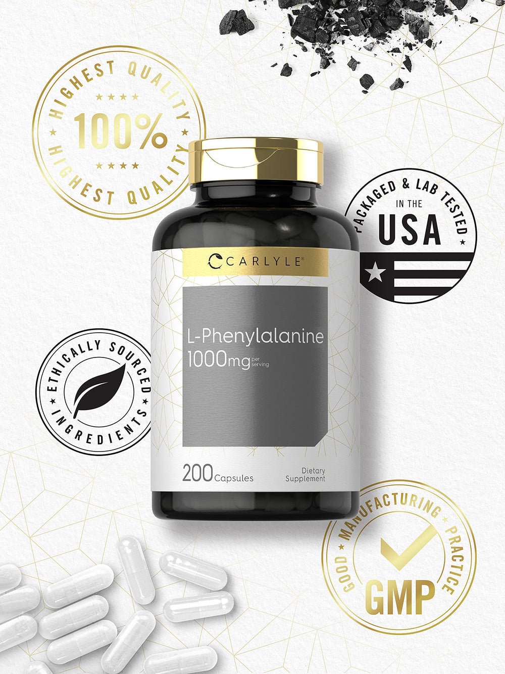 Glass Carlyle L-Phenylalanine bottle—trusted quality and lab-tested promise