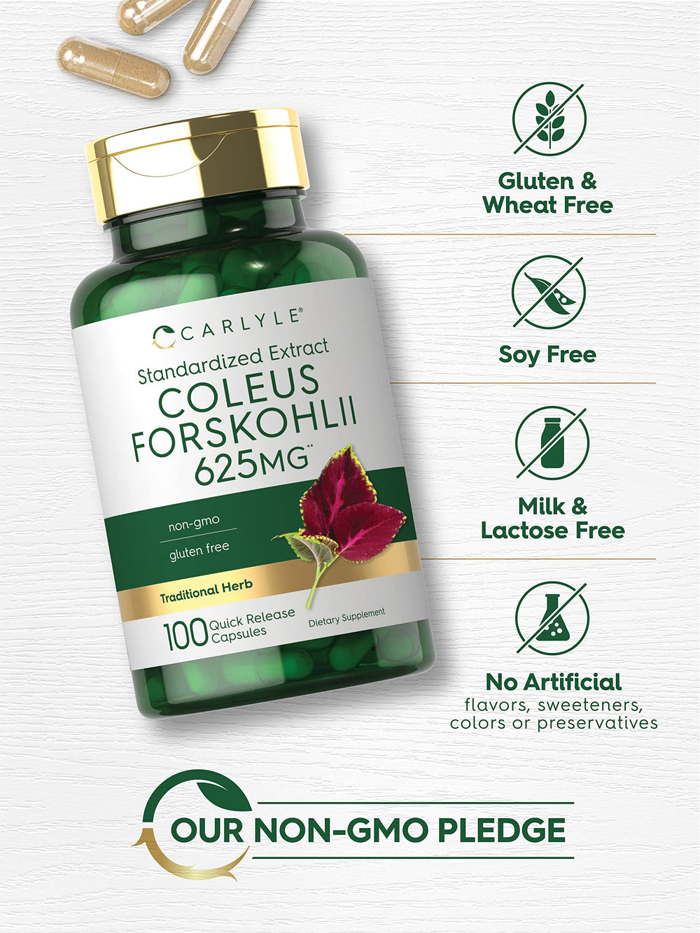 Carlyle lab-tested ingredients badge on Coleus Forskohlii bottle