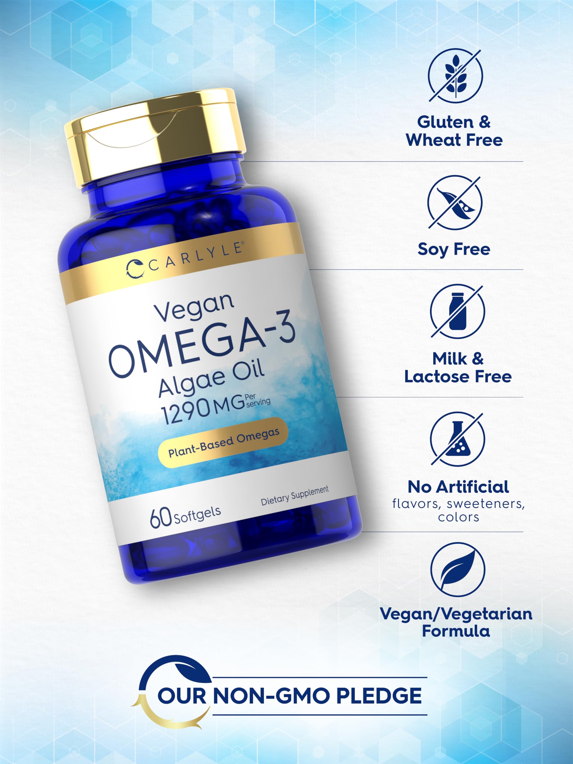 Carlyle premium, lab-tested ingredients seal communicates quality and safety.