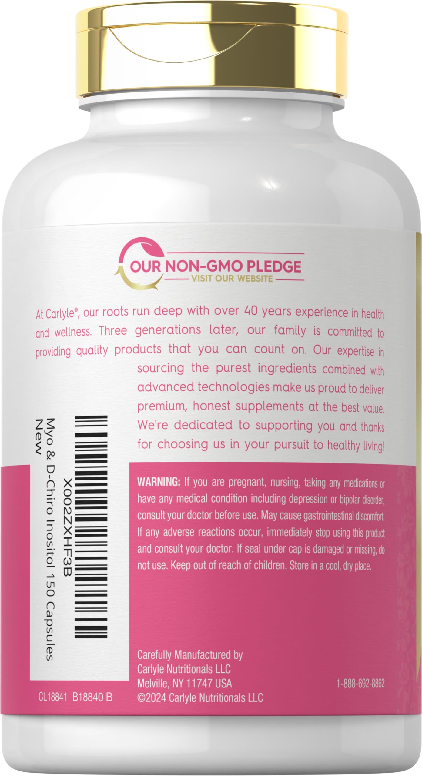 Carlyle supplement label detail highlights non-GMO and gluten-free features.