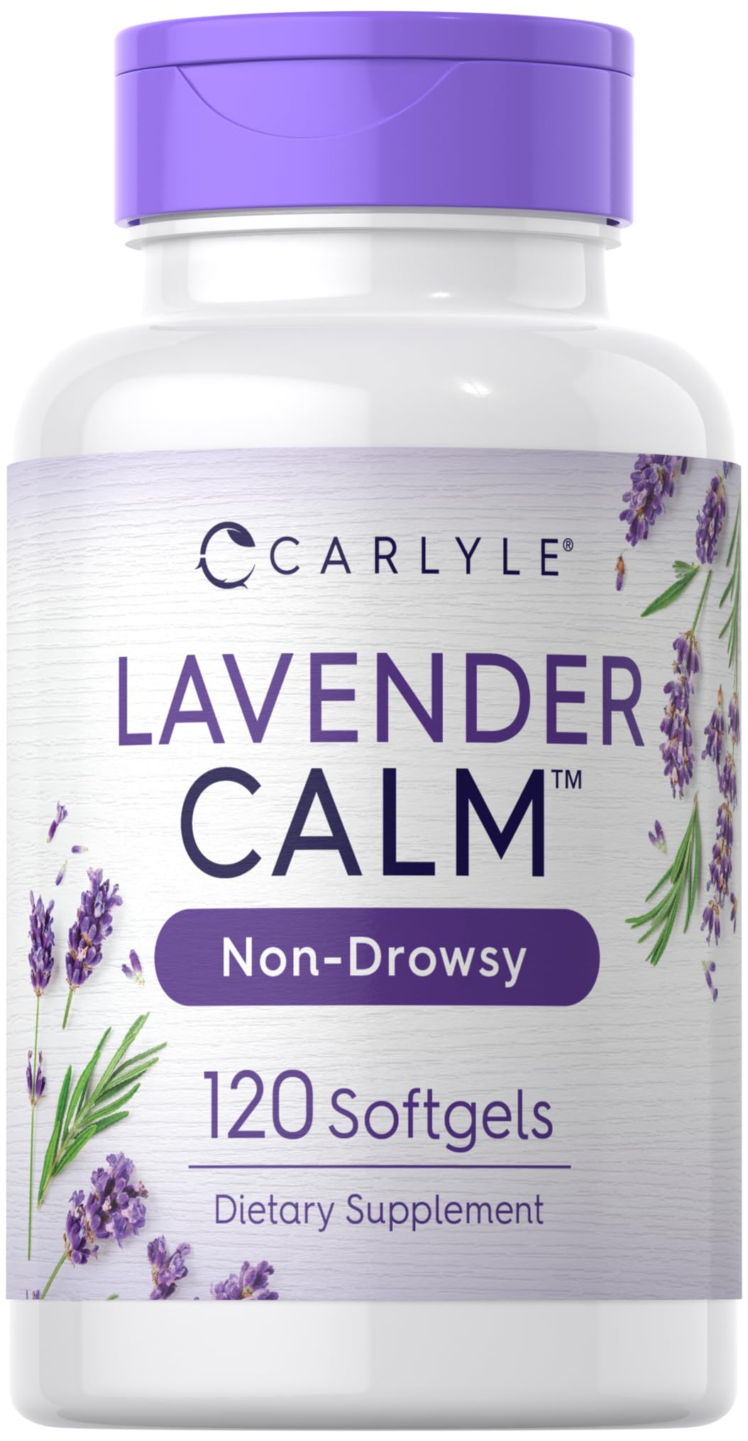 Carlyle Lavender Pills bottle front with calm, non-drowsy softgels.