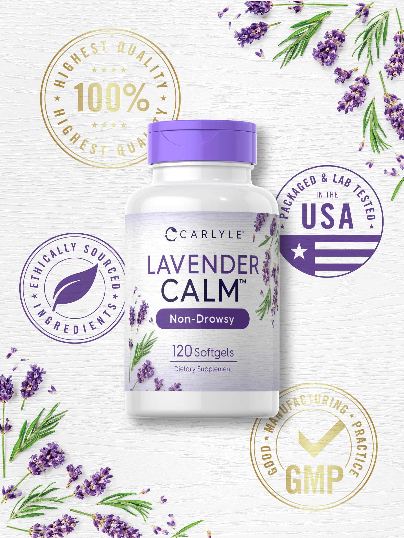 Carlyle Lavender Pills with glass of water for easy swallowing.
