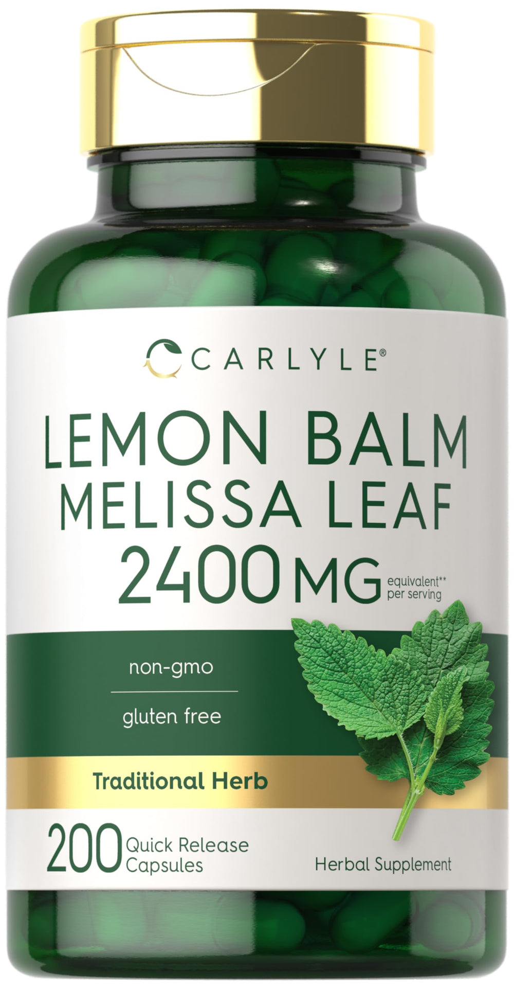 Carlyle Lemon Balm capsules in a 200-count bottle for convenient daily use.
