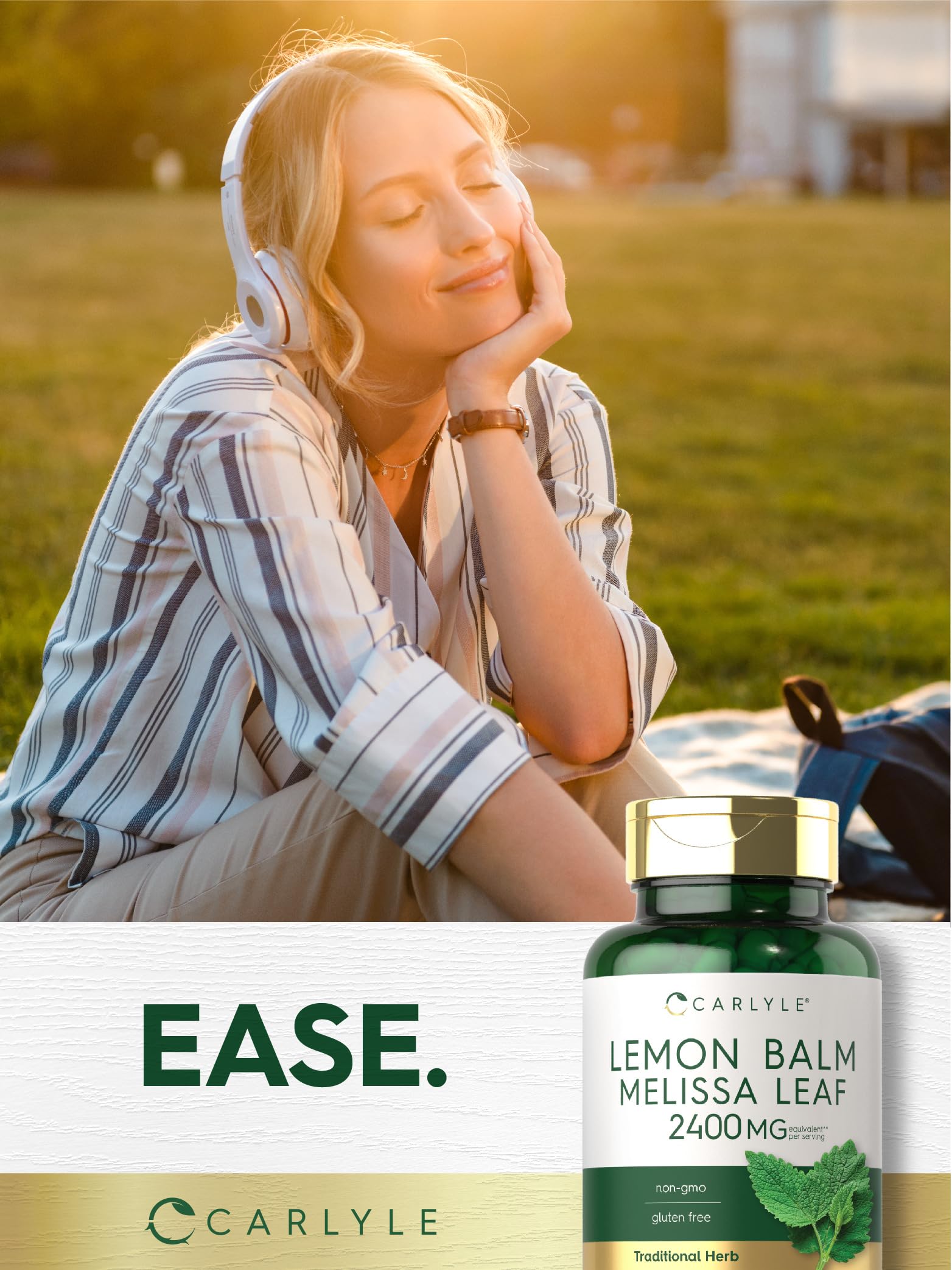 Close view of smooth Carlyle Lemon Balm capsules conveying quality.