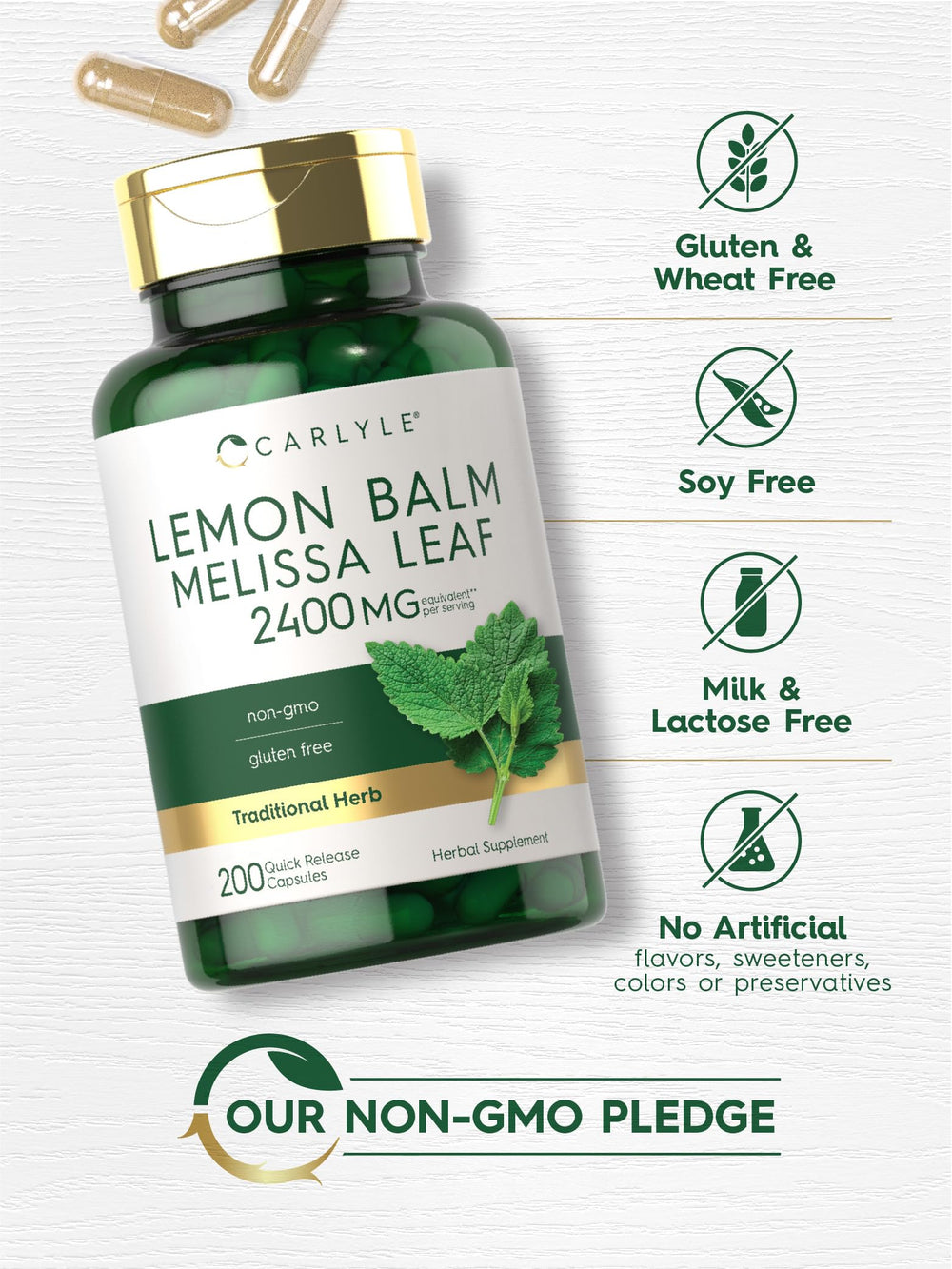 Carlyle Lemon Balm capsules held in hand show a compact daily option.