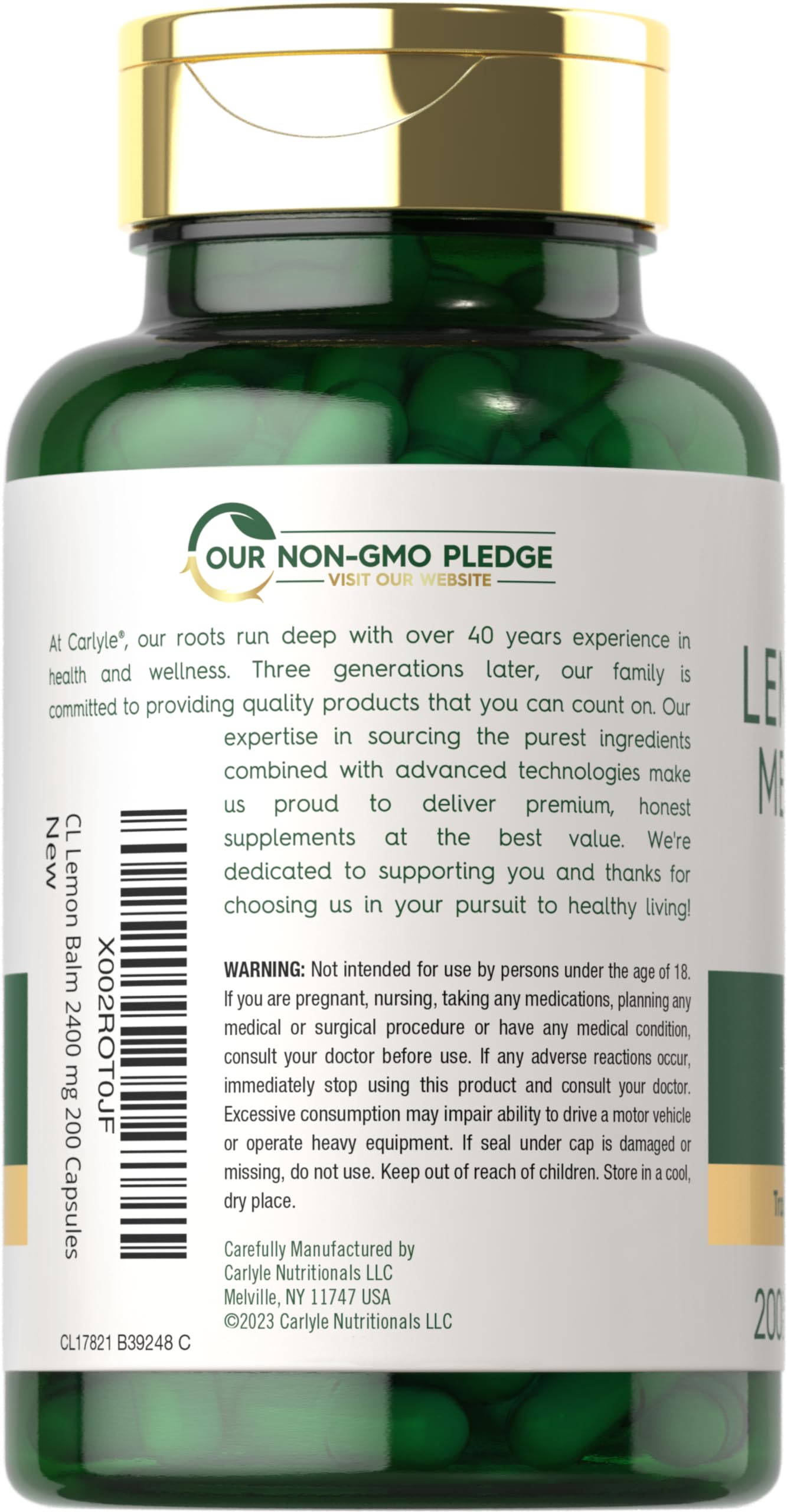 Label on Carlyle bottle highlights non-GMO and gluten-free attributes.