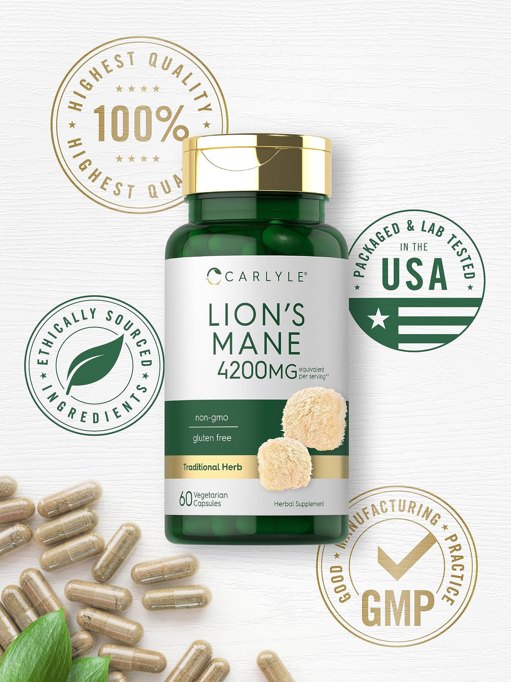 Carlyle Lions Mane capsules pictured beside a daily routine setup.