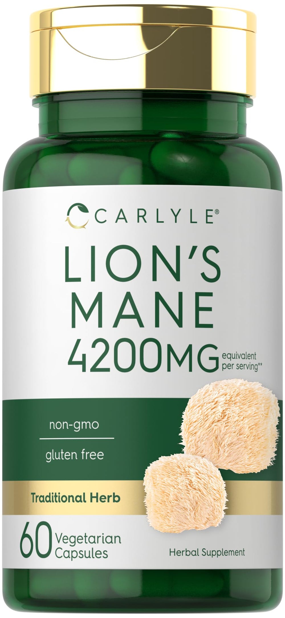 Carlyle Lions Mane capsules bottle signaling premium vegetarian supplement for daily cognitive wellness.