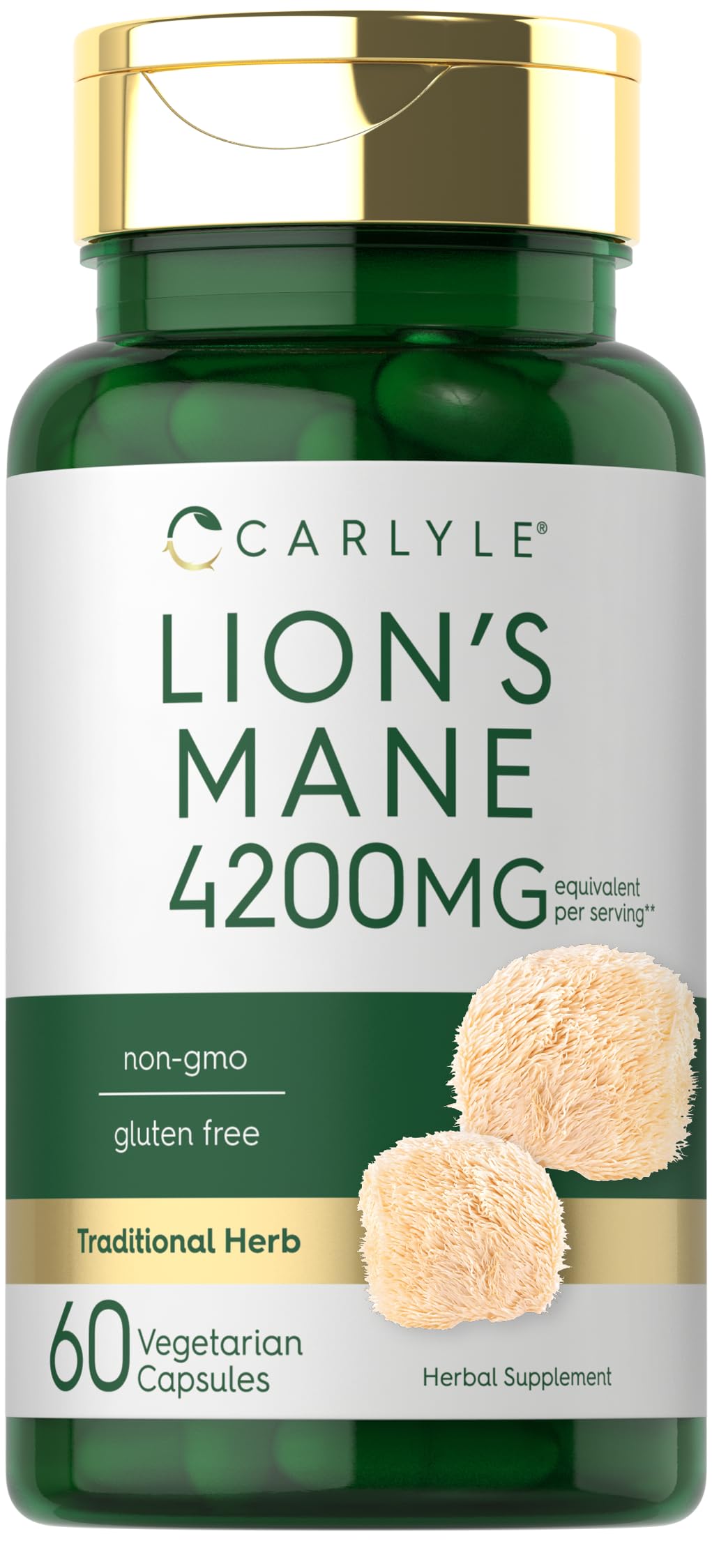 Carlyle Lions Mane capsules bottle signaling premium vegetarian supplement for daily cognitive wellness.