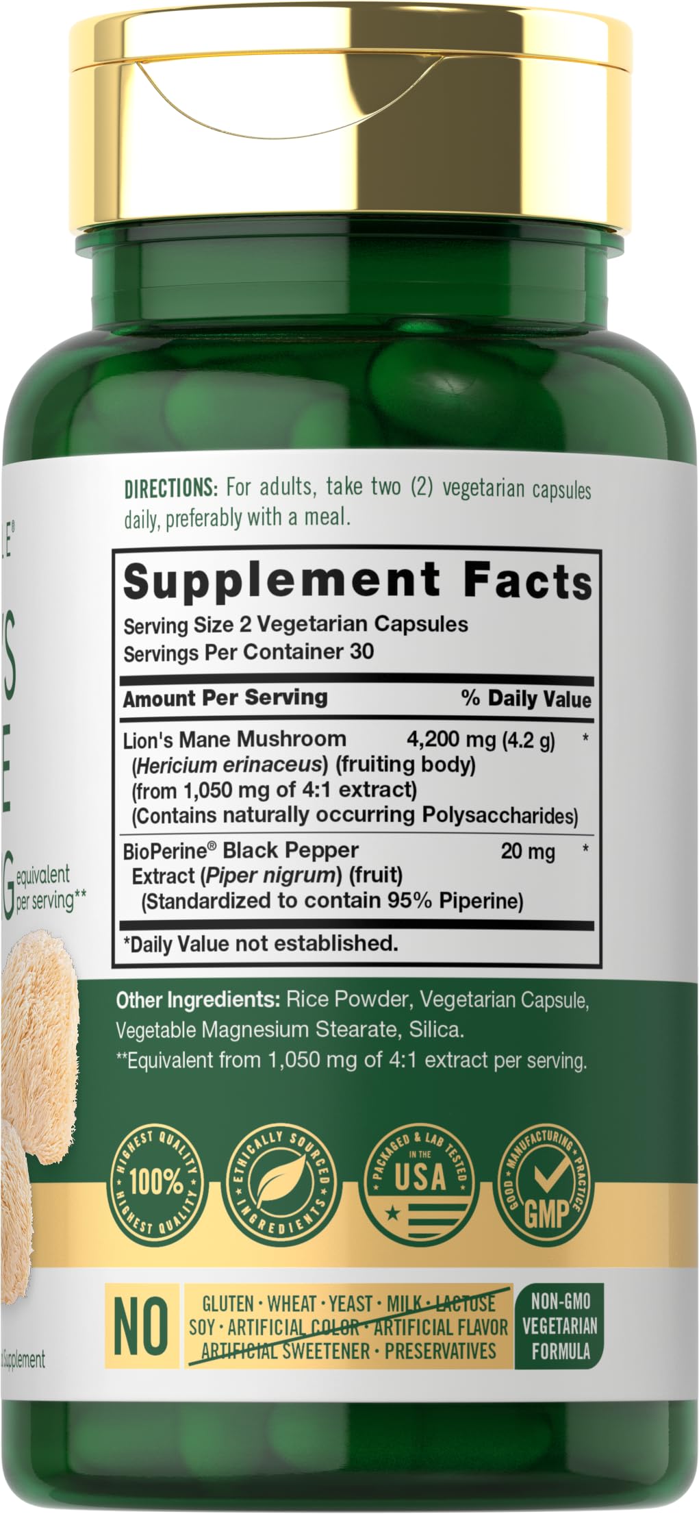 Carlyle Lions Mane packaging display emphasizes gluten-free and non-GMO features for mindful buyers.