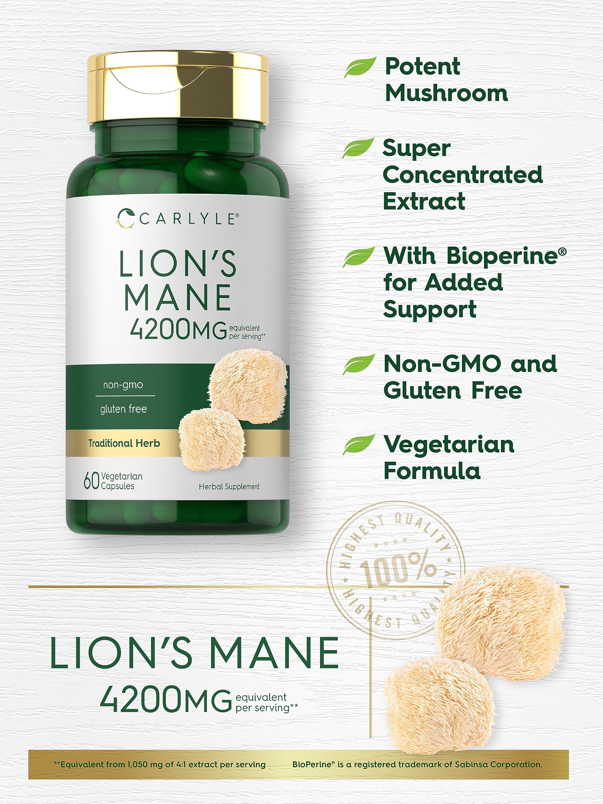 Carlyle Lions Mane label close-up shows 4200 mg per serving and vegetarian formula.