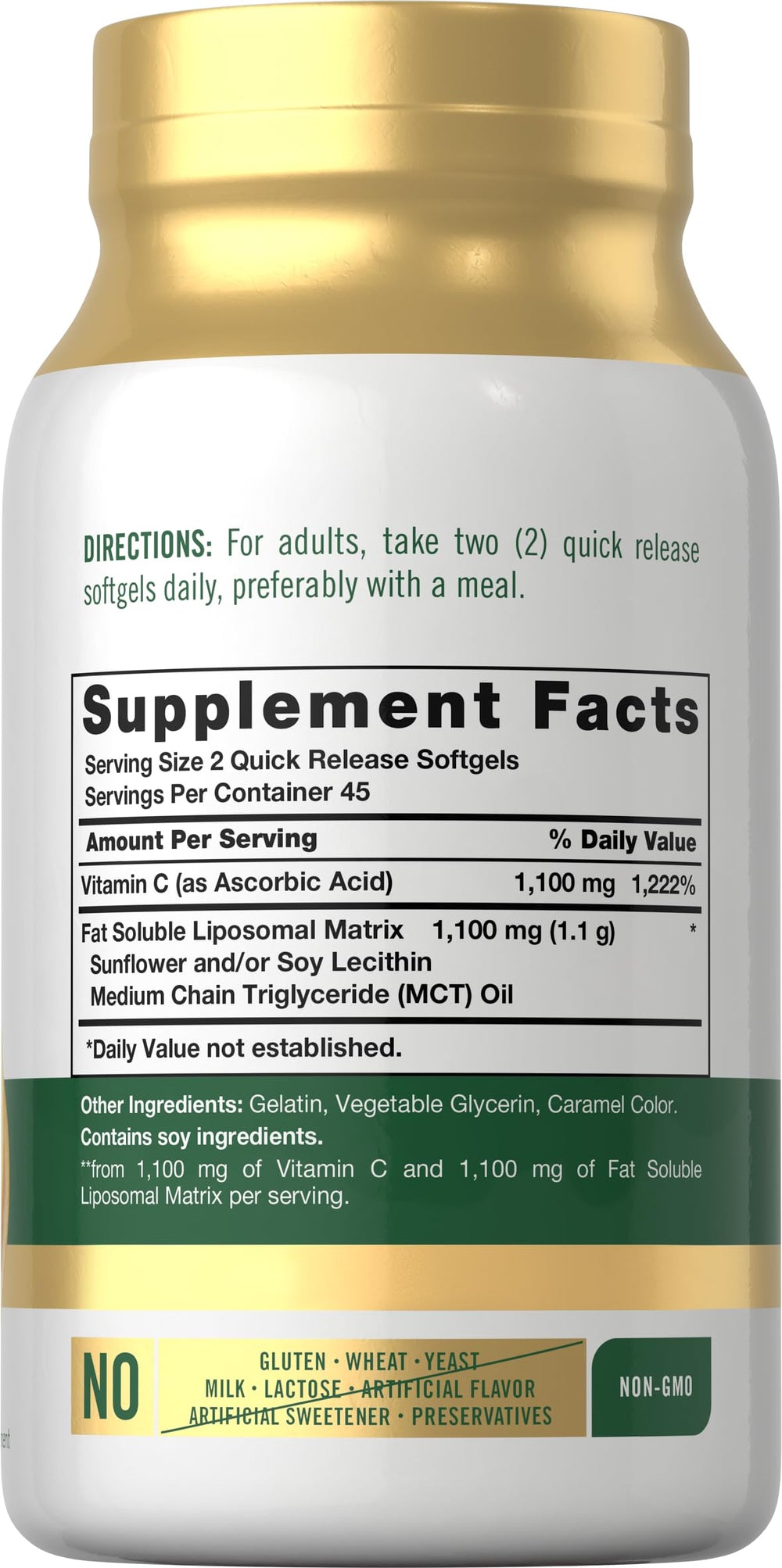 Carlyle Liposomal Vitamin C bottle label close-up showing gluten-free and non-GMO claims.