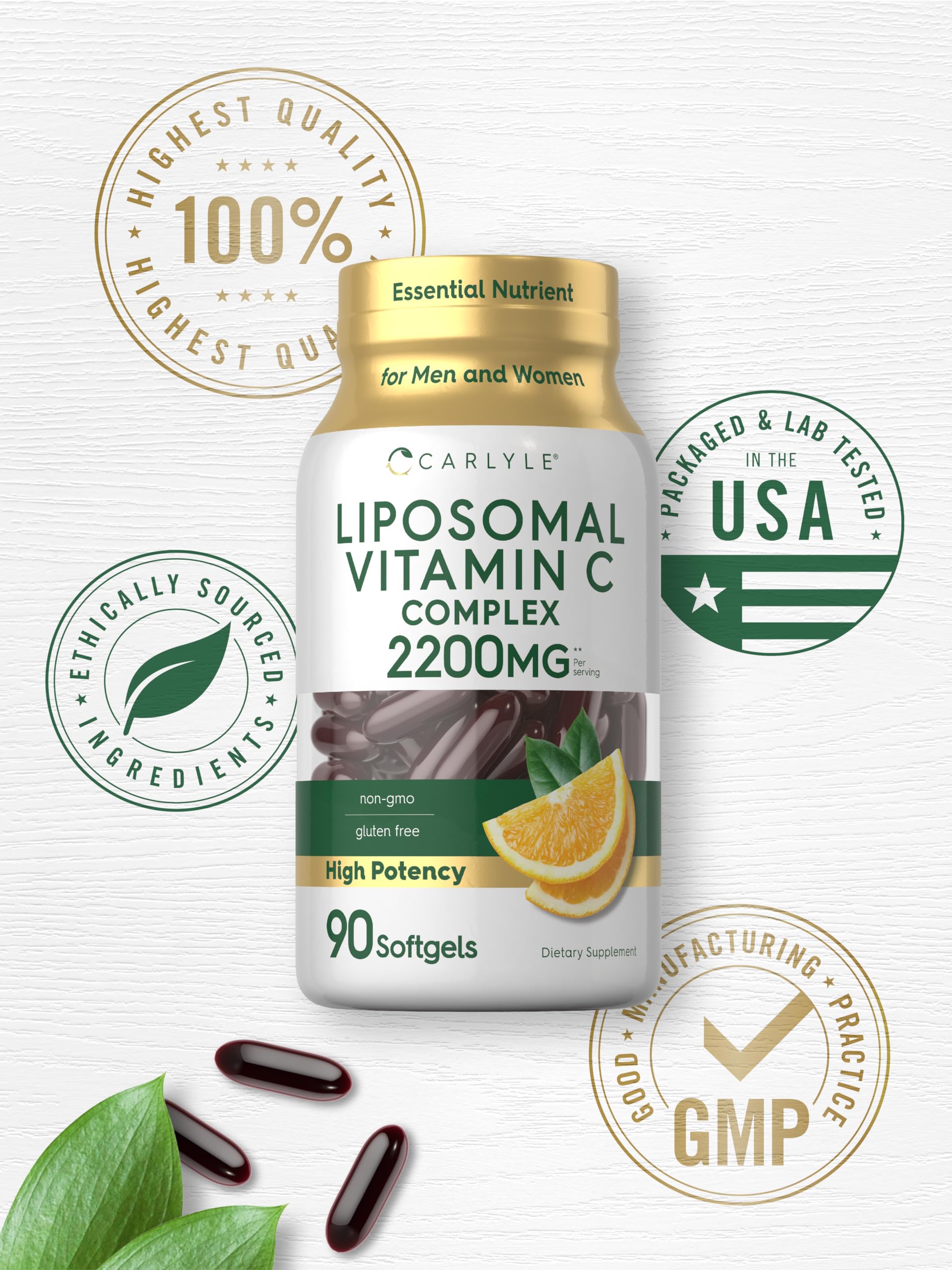 Carlyle Liposomal Vitamin C bottle being poured softgel into hand.