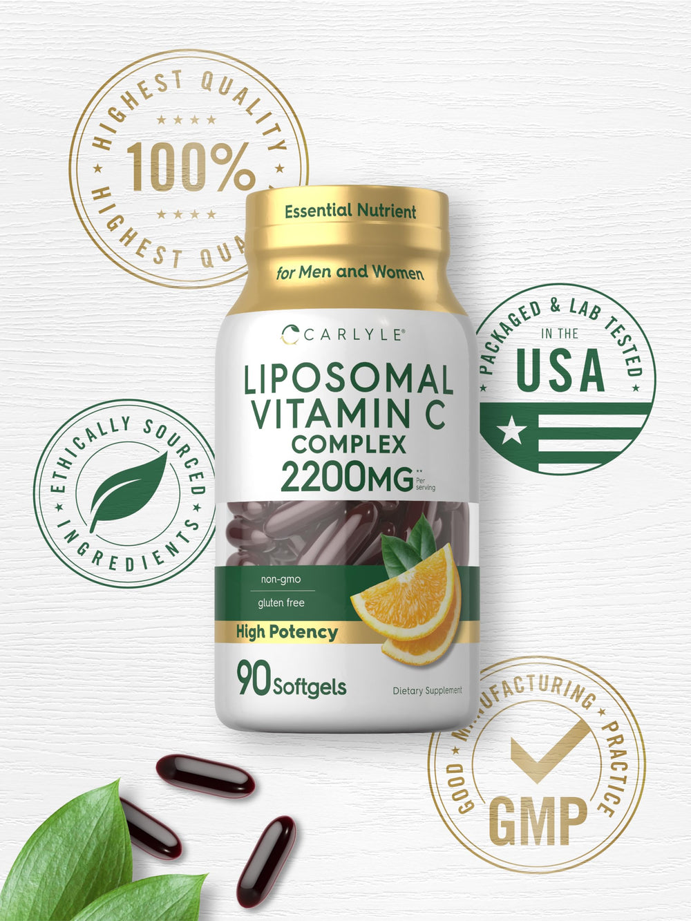 Carlyle Liposomal Vitamin C bottle being poured softgel into hand.