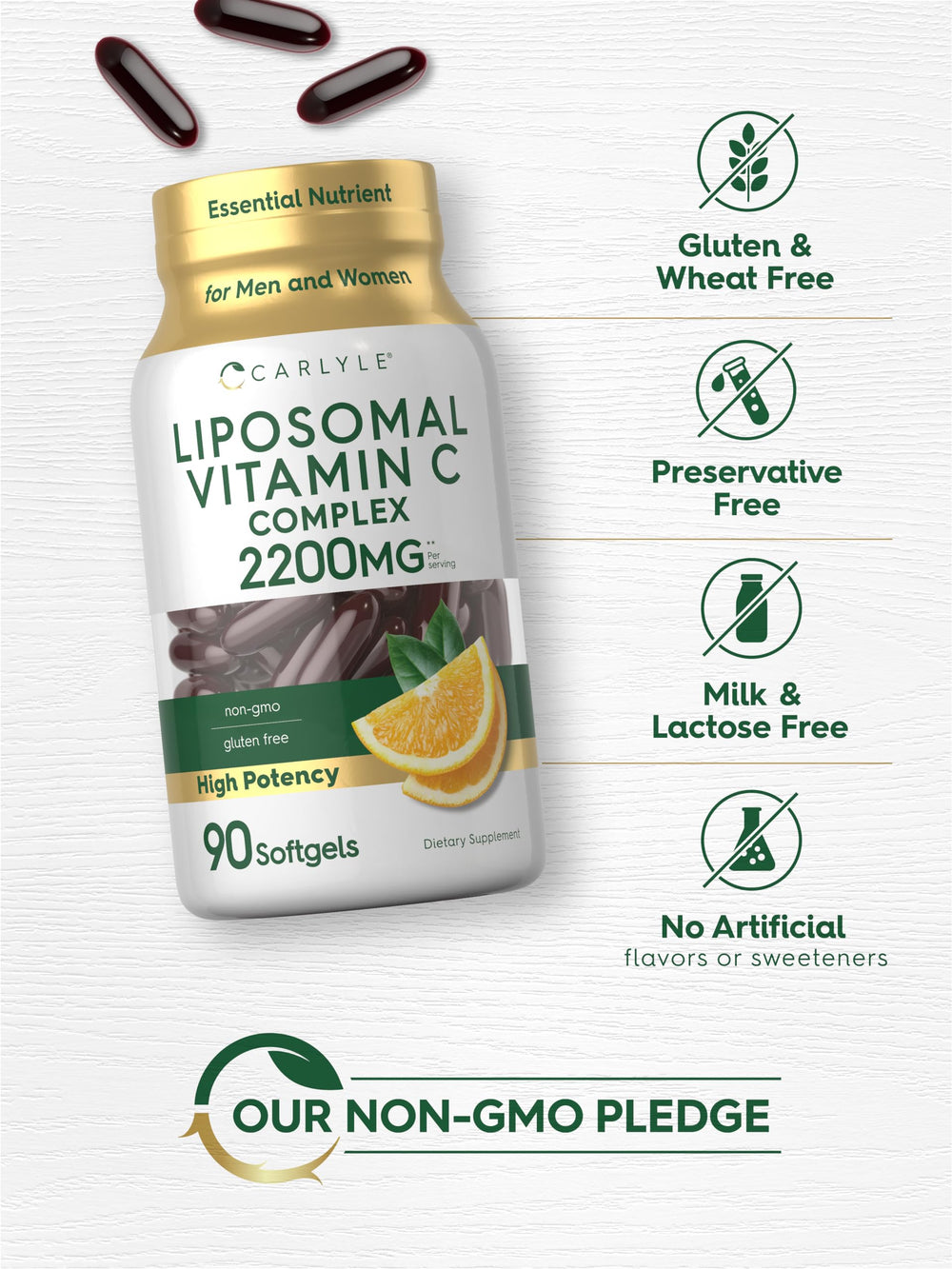 Carlyle Liposomal Vitamin C label highlights gluten-free and non-GMO status.