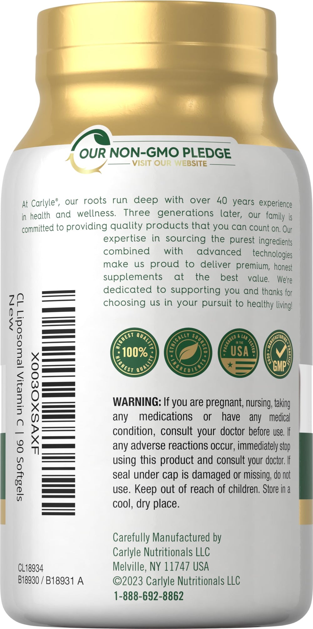 Close-up of Carlyle lab-tested seal on Liposomal Vitamin C packaging