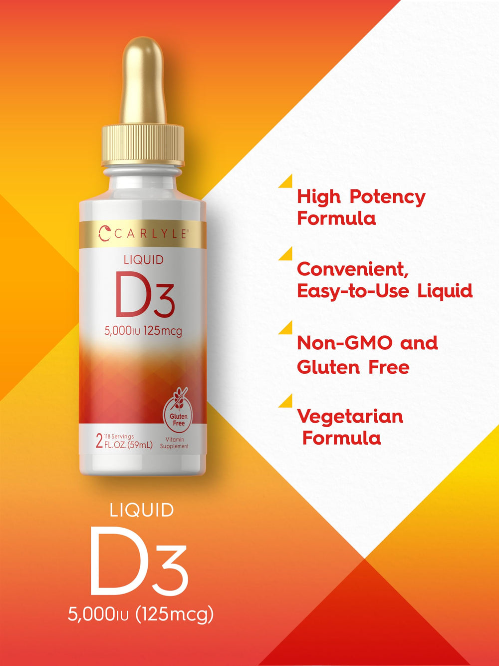 Carlyle Liquid D3 drops pouring into a glass for flexible use.