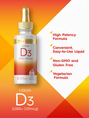 Carlyle Liquid D3 drops pouring into a glass for flexible use.